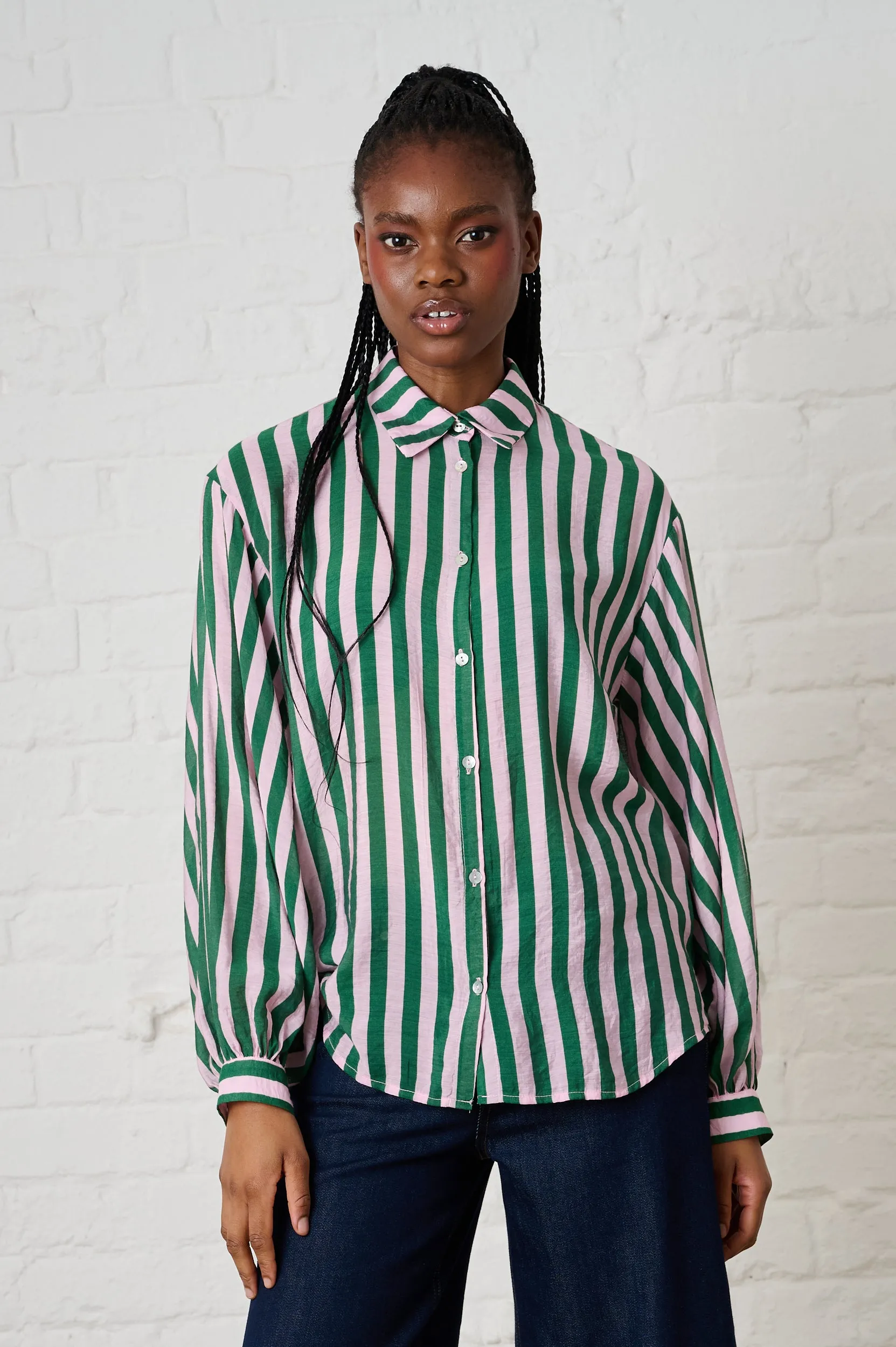 Perfect for Layering UltraSoftBrushedInterior Bellow Sleeve Shirt in Green/Soft Pink Stripe