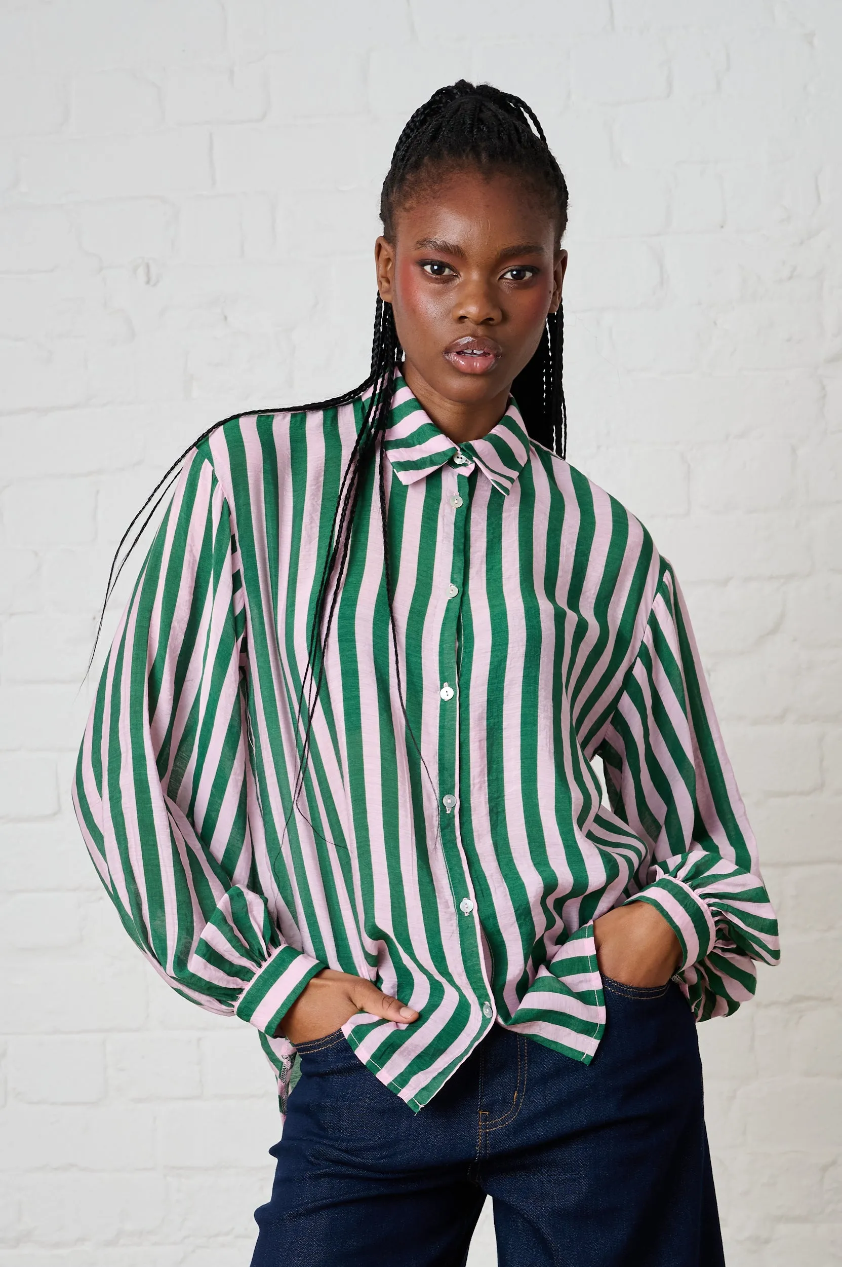 Bellow Sleeve Shirt in Green/Soft Pink Stripe Anti-bacterial