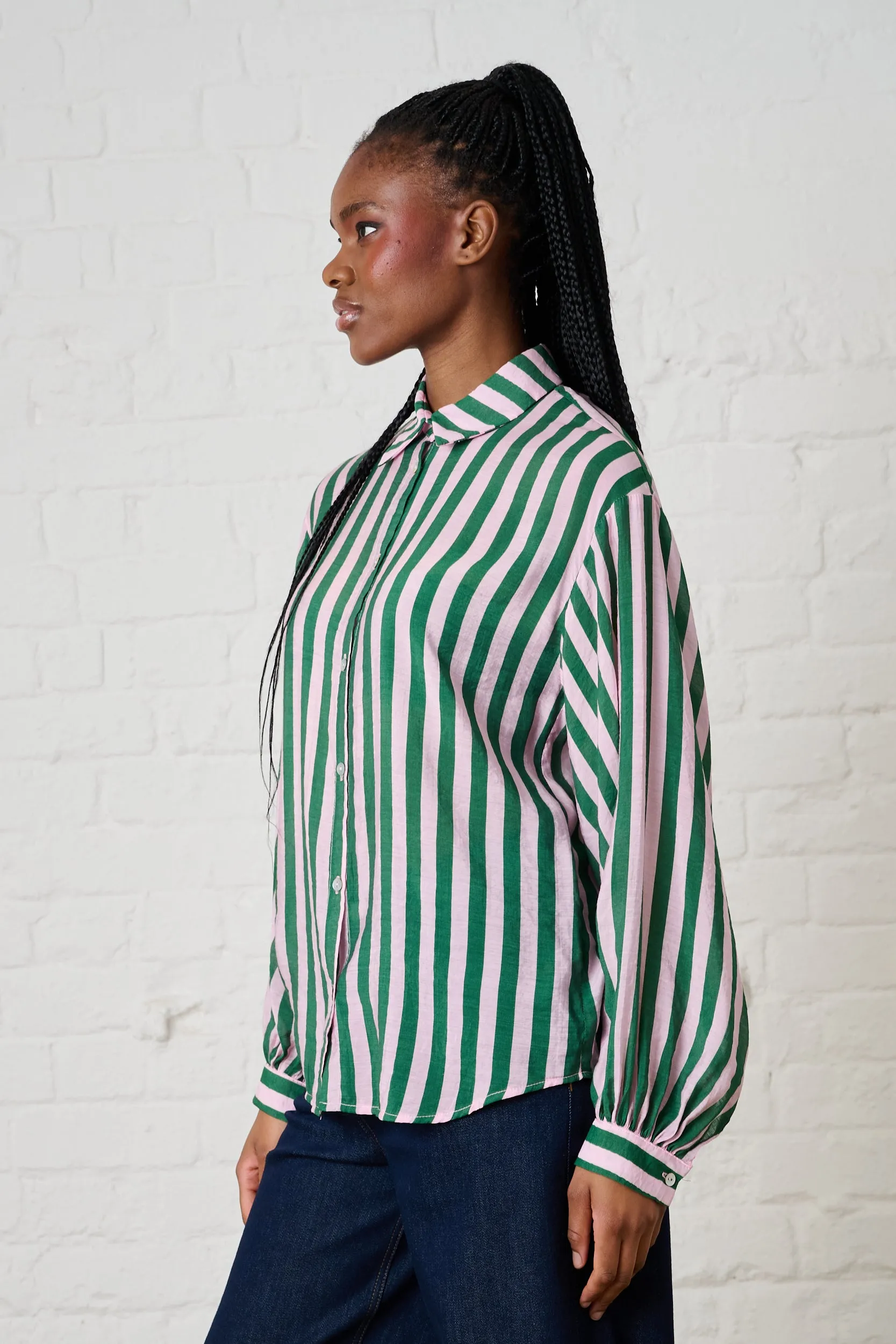 Pocket Detailing Bellow Sleeve Shirt in Green/Soft Pink Stripe