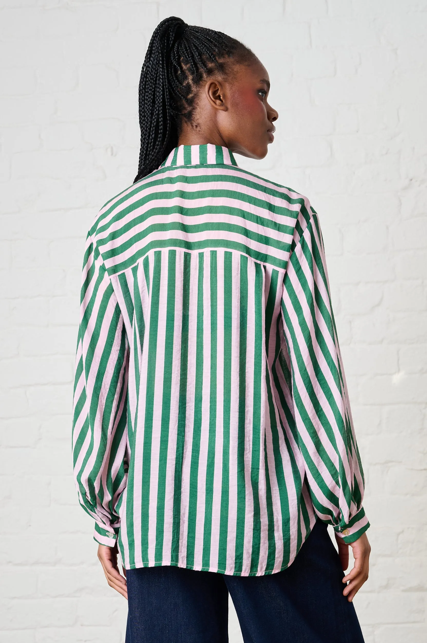 Bellow Sleeve Shirt in Green/Soft Pink Stripe Trendy All-Day Fade Resistant Coating