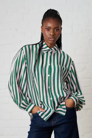 Bellow Sleeve Shirt in Green/Soft Pink Stripe Anti-bacterial
