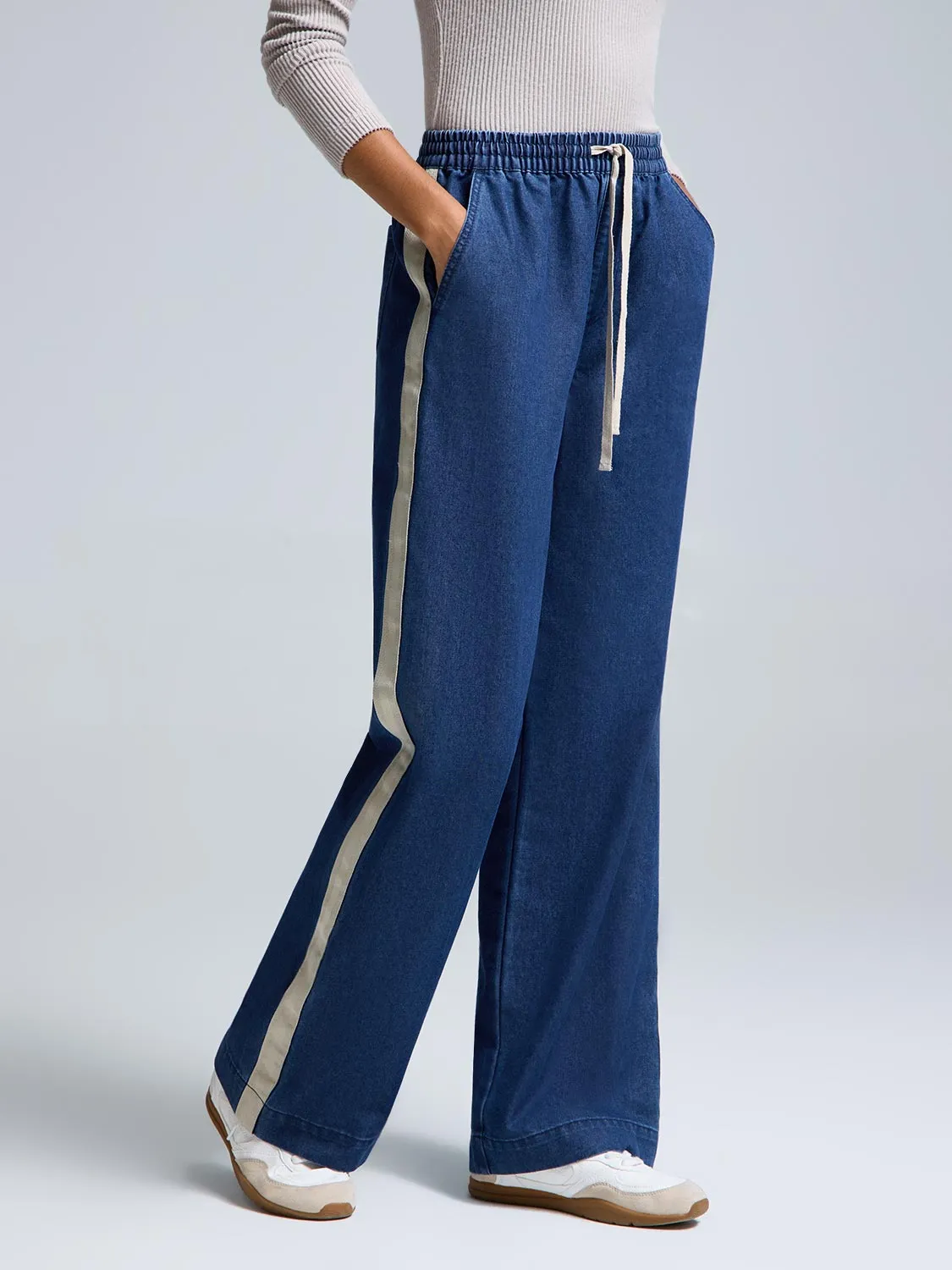 StaticResistantMaterial Drawstring Wide-Leg Denim Pants