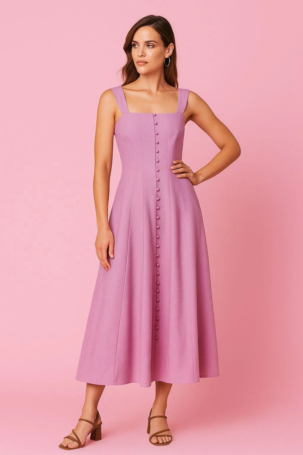 Chloe Pink Seveless Midi Dress Winter-Season Fashionable Wear