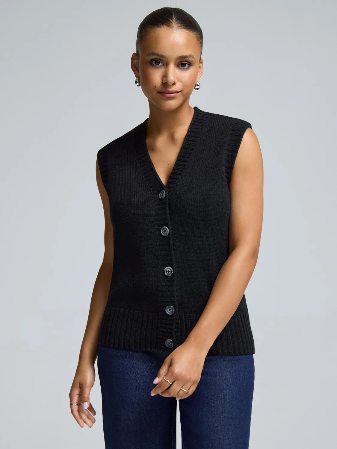 Flexible Seam Structure Wool Button-Front Sweater Vest