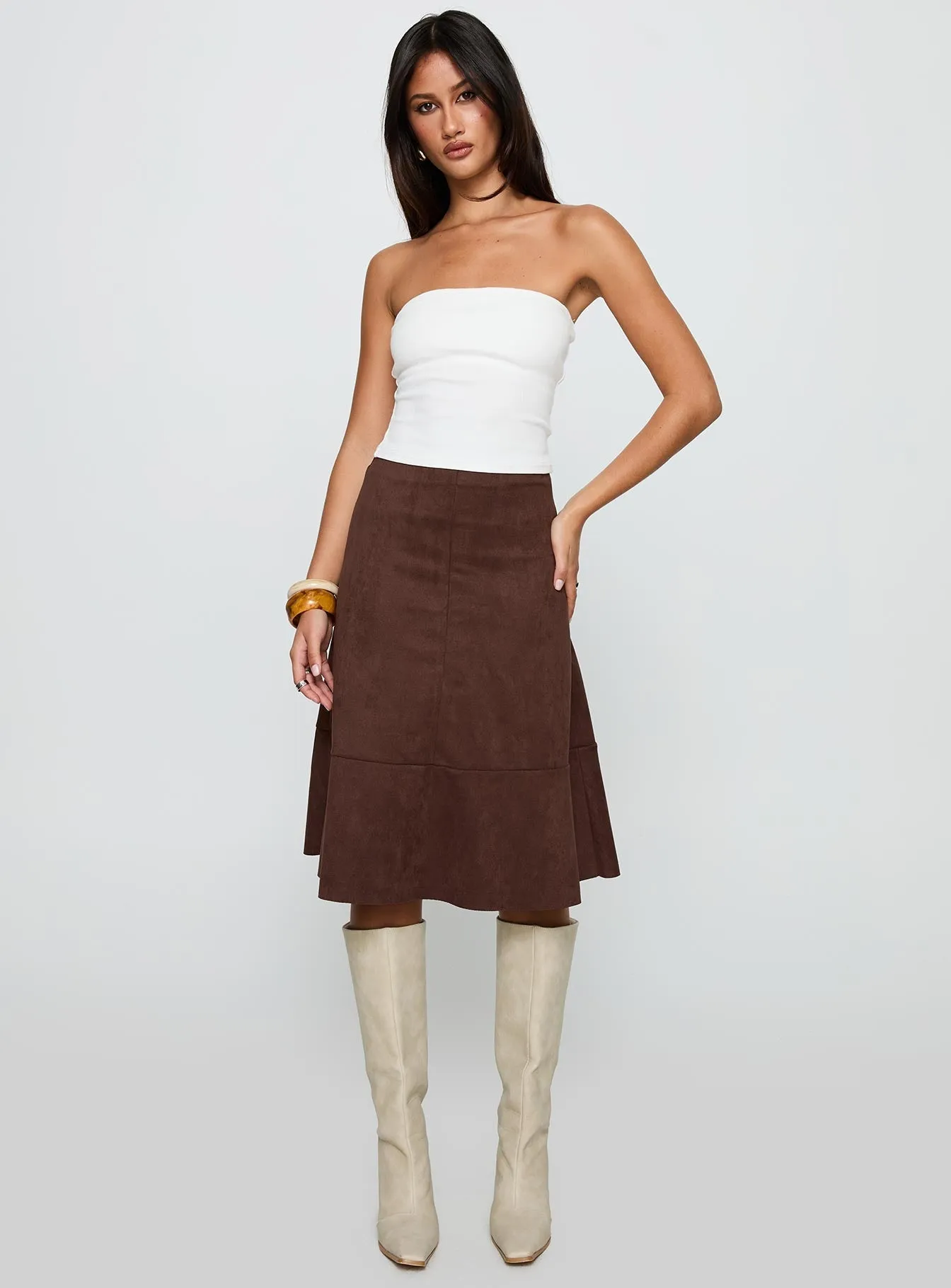 Ethically Made Crossback Strap Grimaud Faux Suede Midi Skirt Brown