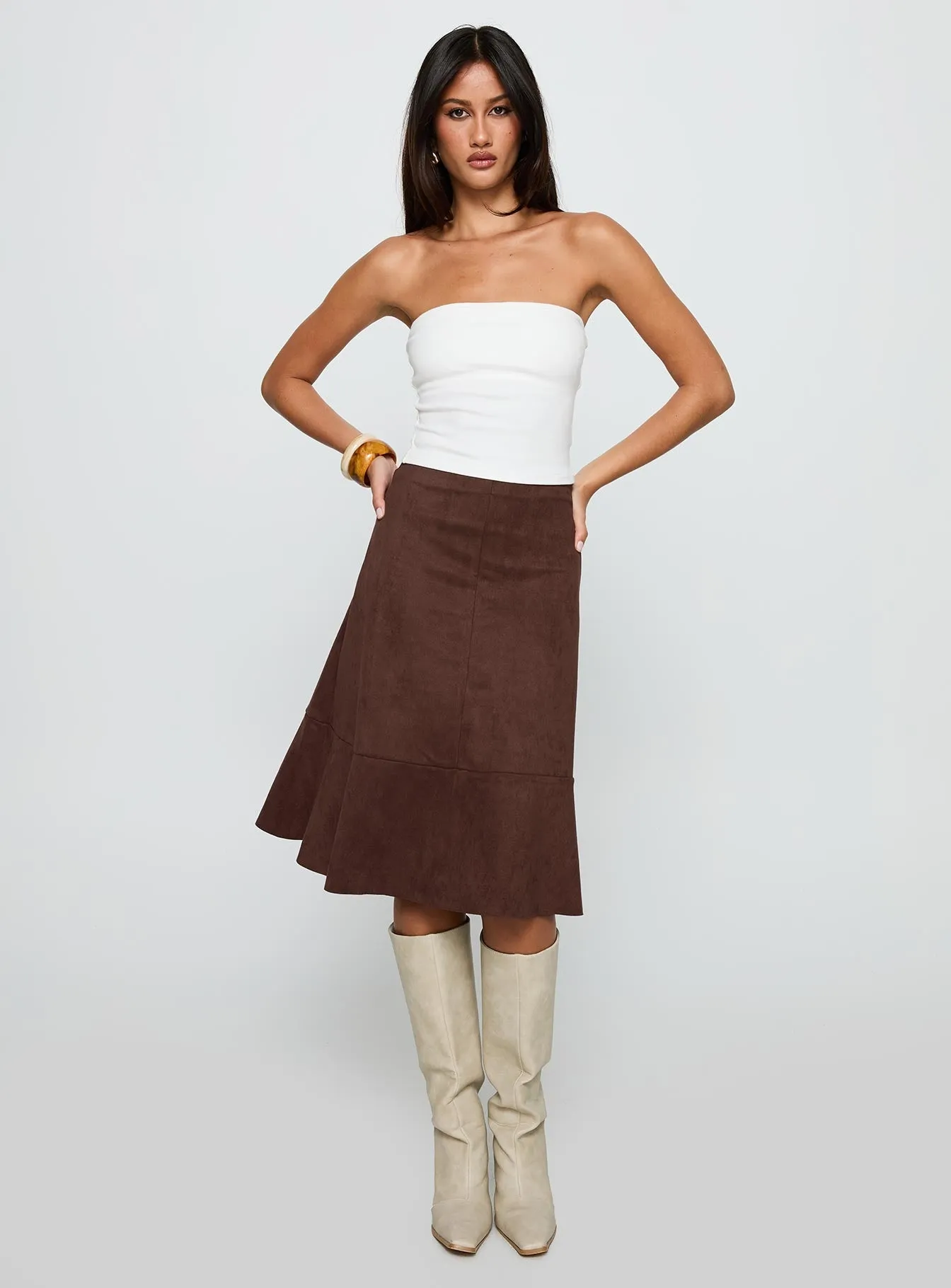 Vibrant Touch Mini length Grimaud Faux Suede Midi Skirt Brown