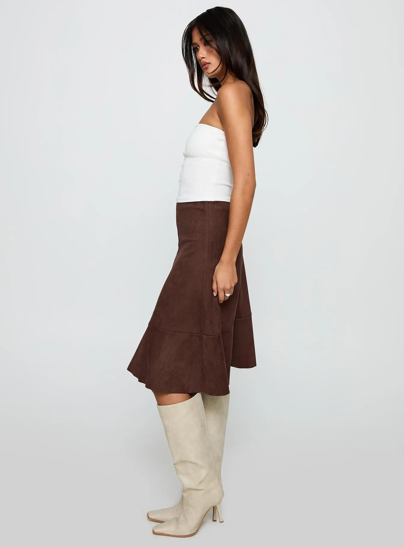 High End Quality Scalloped Edge Grimaud Faux Suede Midi Skirt Brown