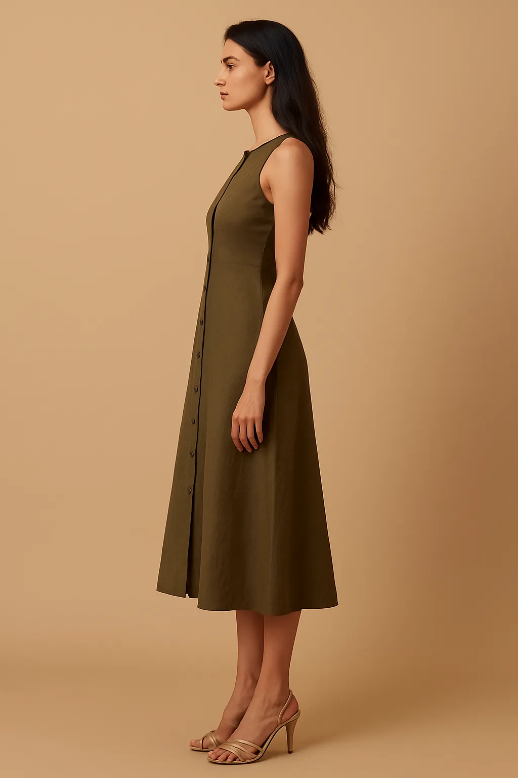 Fashionable Cut Iris Button Down Olive Dress
