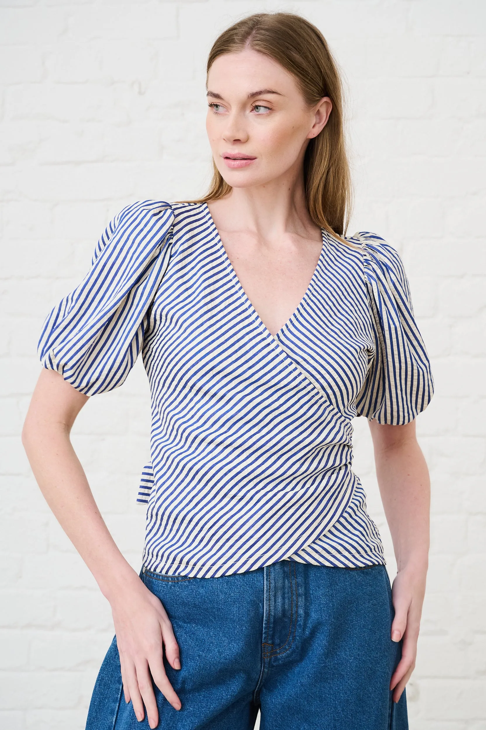 Essential Casual Wrap Top in Blue Stripe
