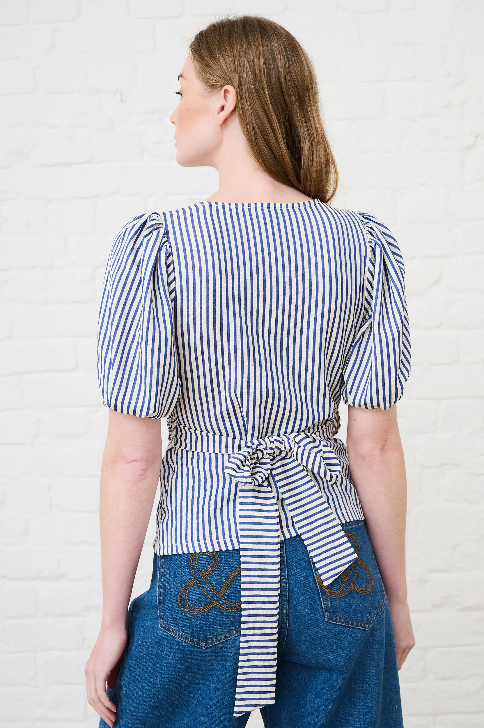 Wrap Top in Blue Stripe SoftenedNeckline Minimalist Comfort