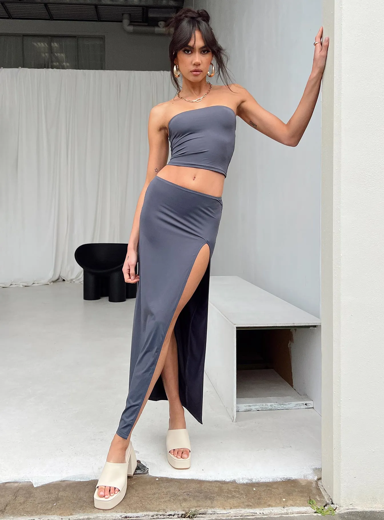 Lowell Maxi Skirt Grey Leather Look