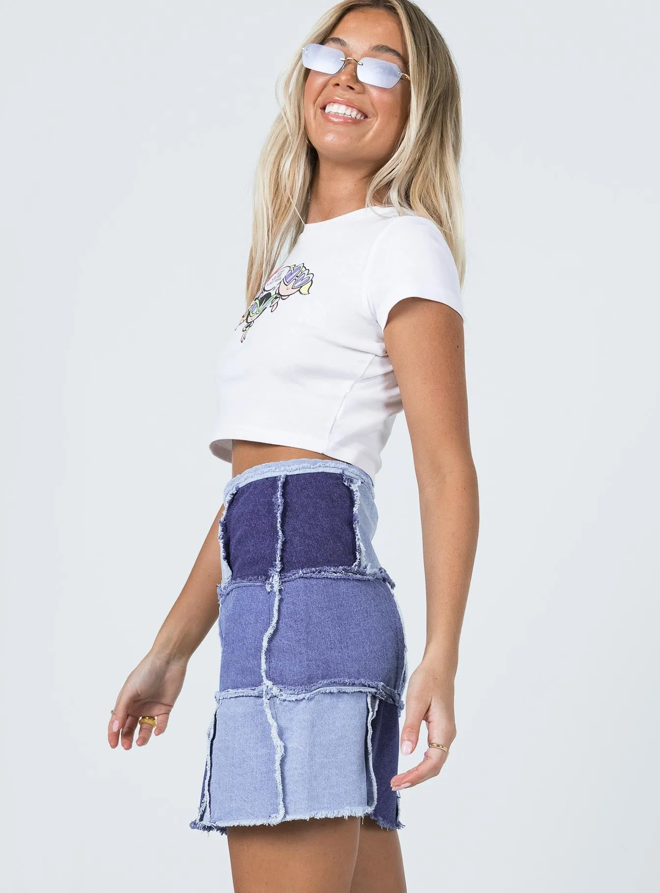 Refined Edge Chill Vibe Catherine Patchwork Mini Skirt Denim