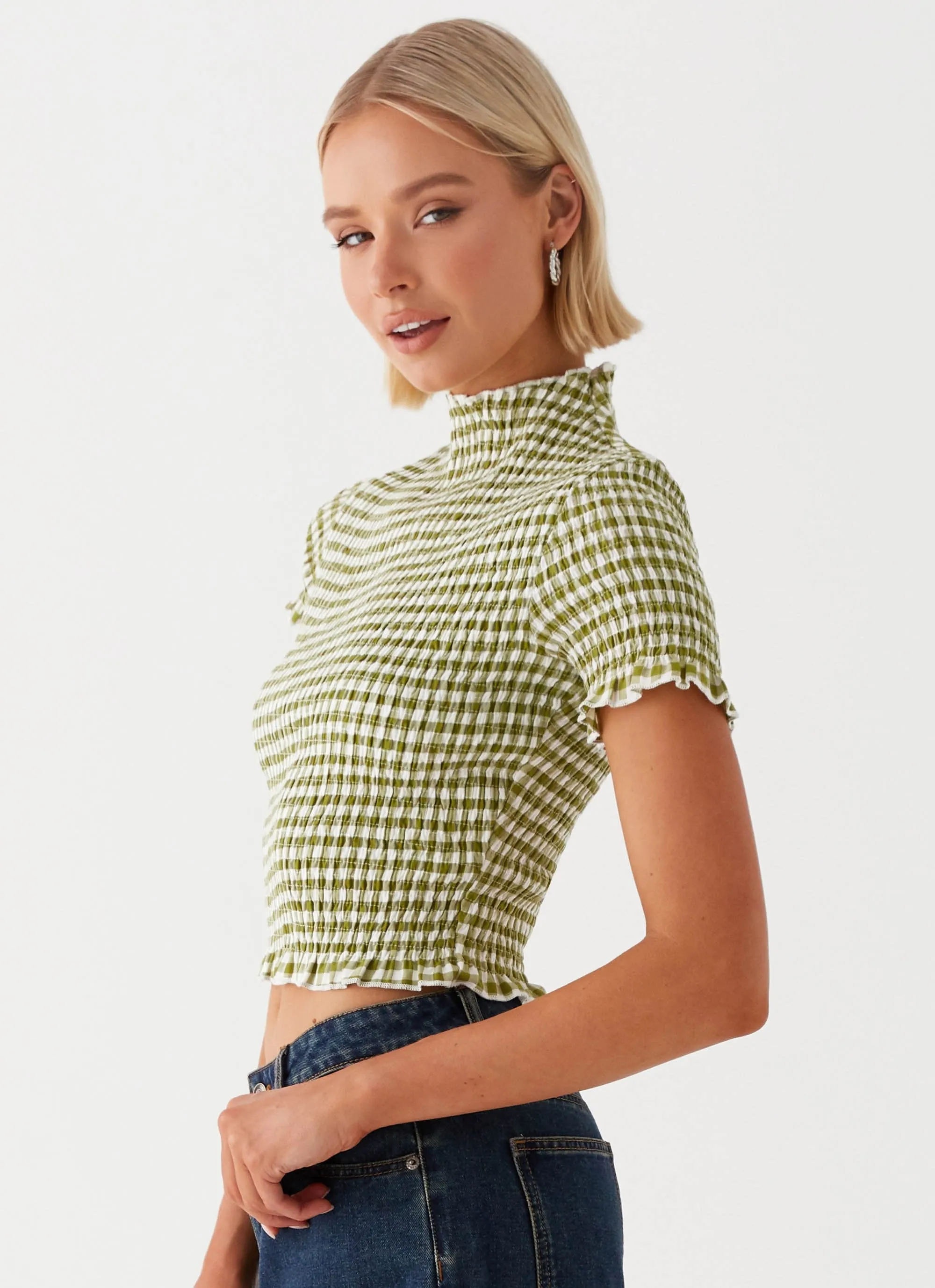 Cleo Tee - Khaki Gingham comfortable top Durable Wear