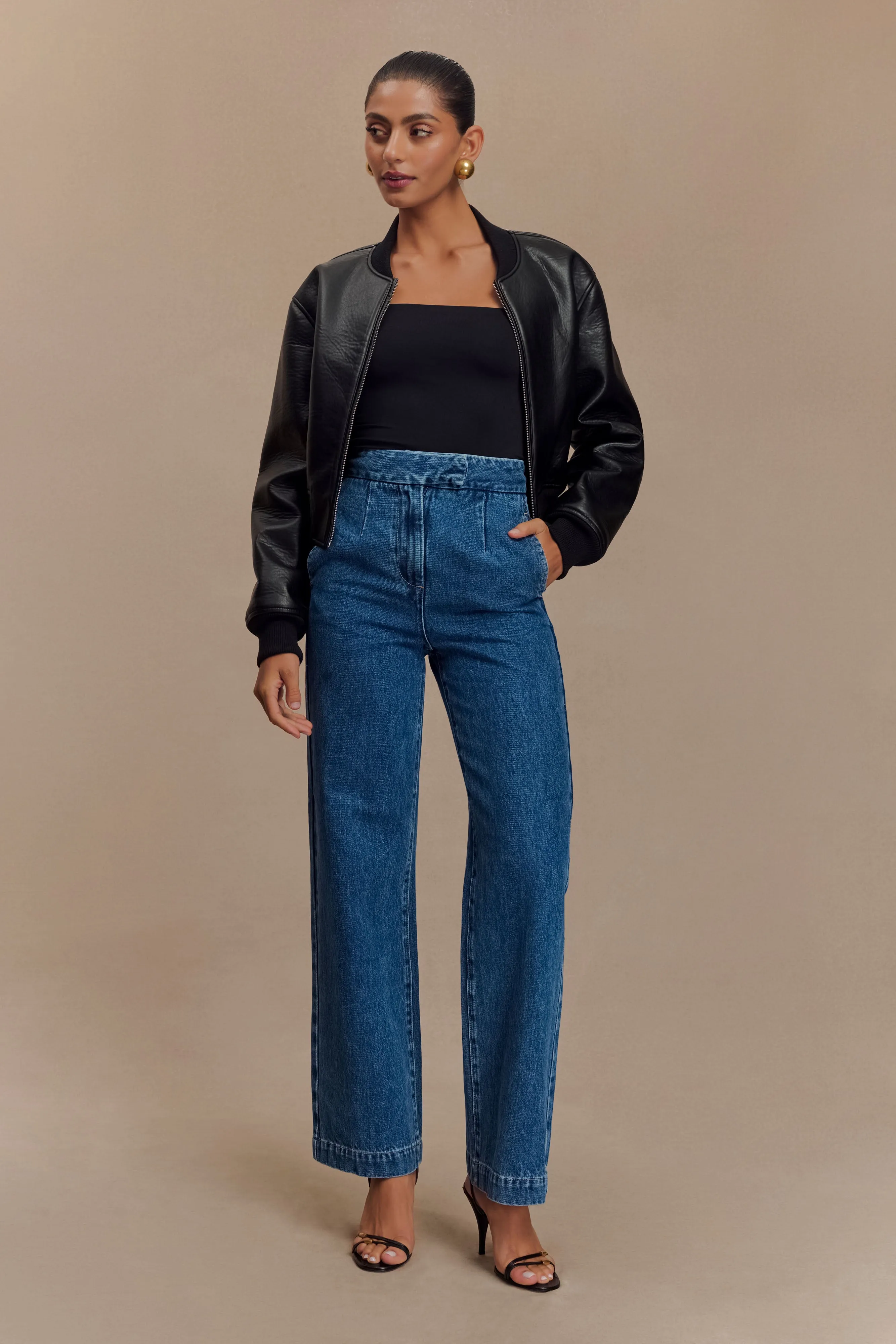 Windproof Construction Codi Faux Leather Bomber Jacket - Black