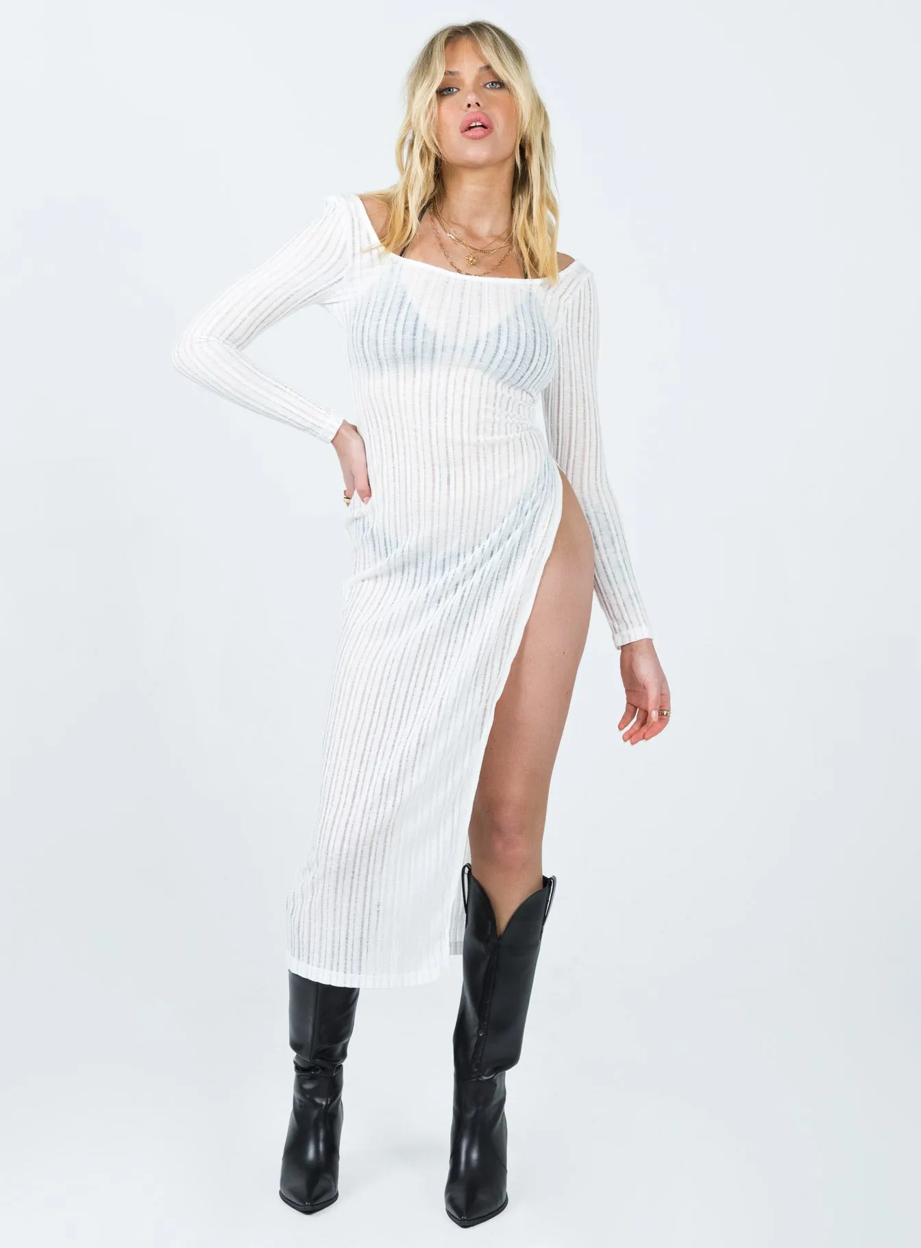 Coltan Long Sleeve Maxi Dress White Sophisticated Cut Clean Style