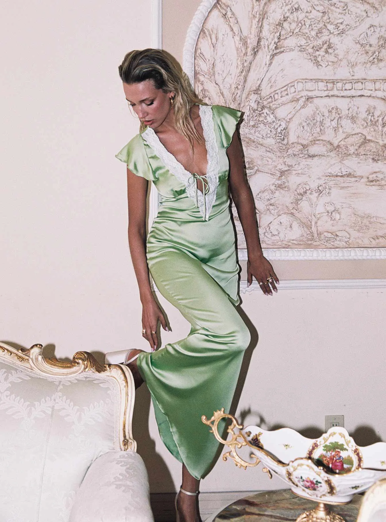 Armas Lace Trim Maxi Dress Green Water-resistant