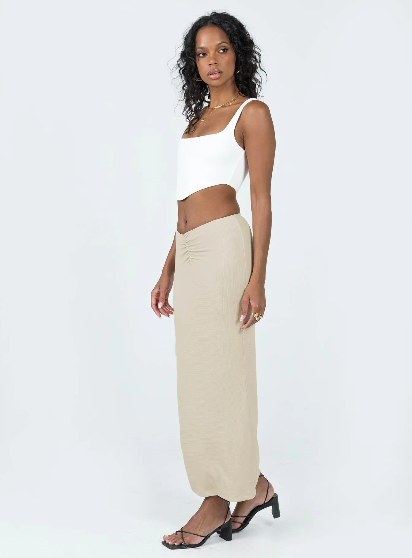 Tailored Cut elastic waistband Elidy Maxi Skirt Beige