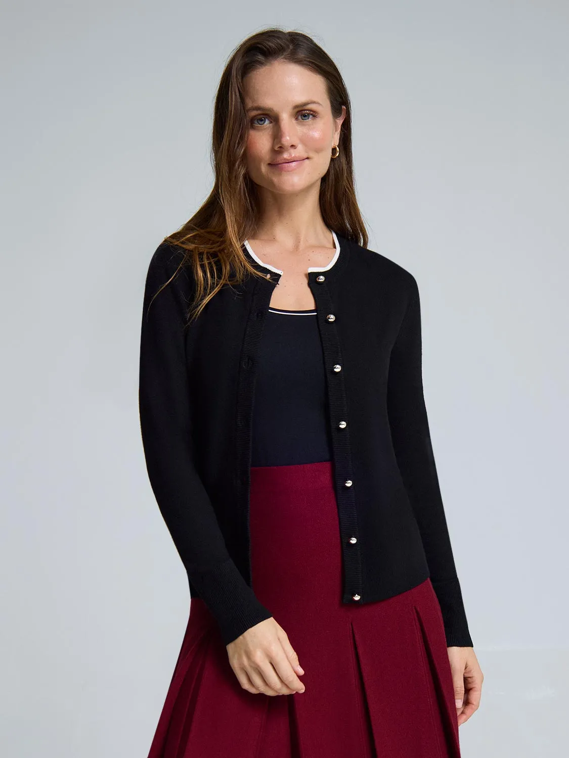 Ribbed Structure Contrast Piping Ribbed Cardigan