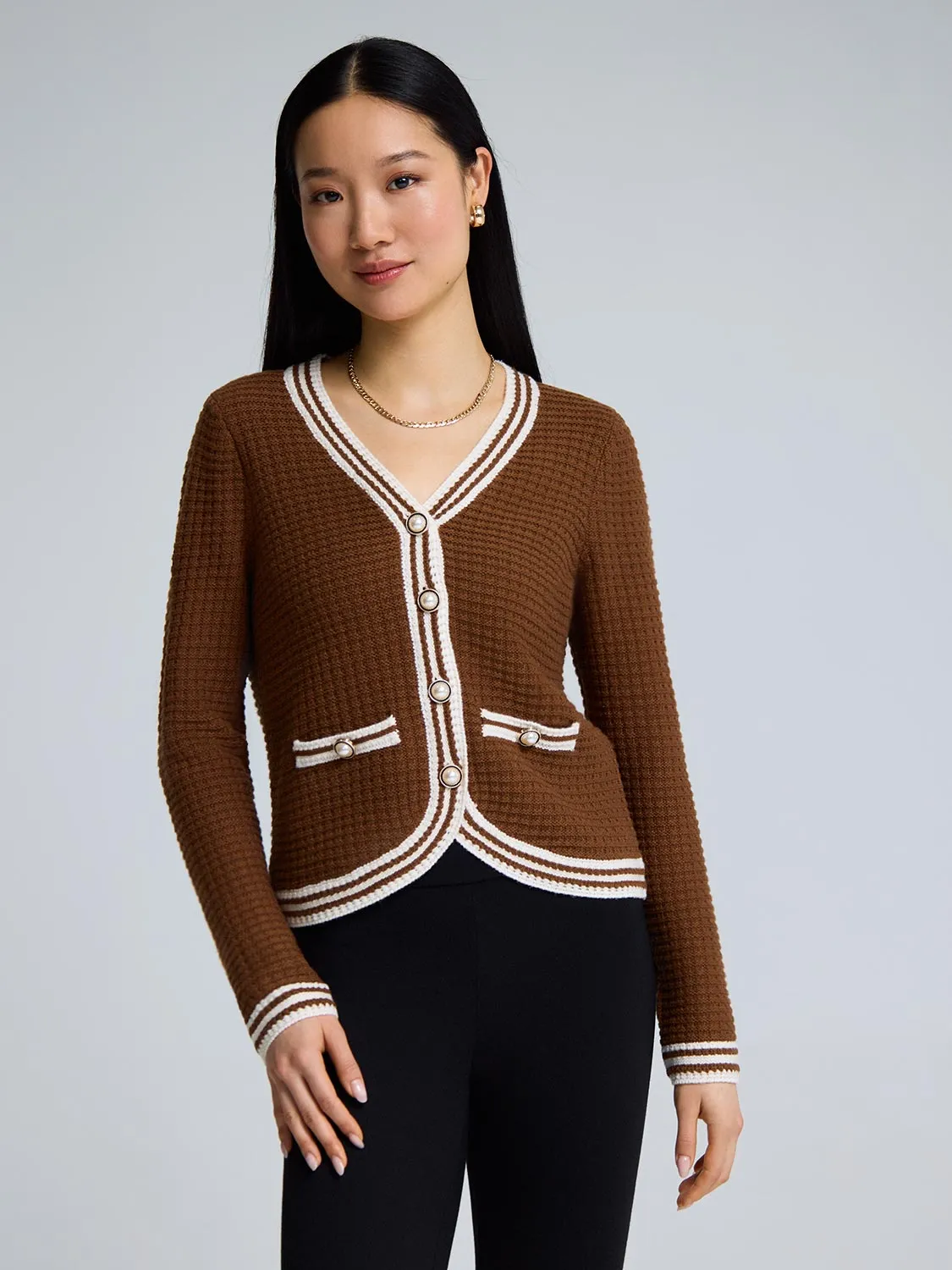Warm Essentials Contrast Trim V-Neck Ribbed Cardigan