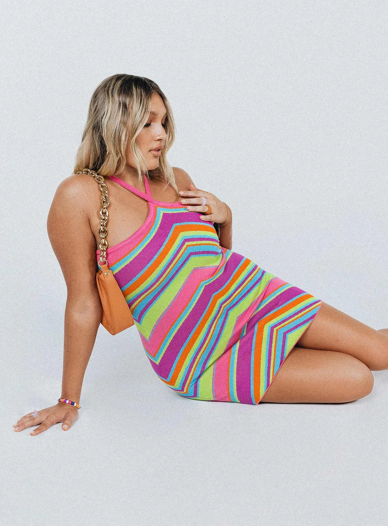 Ruffle Hem Elegant Waistband Daphne Mini Dress Stripe