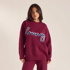 appropriate for autumn Shiny Finish Logo Knitted Crew Neck Jumper - Burgundy