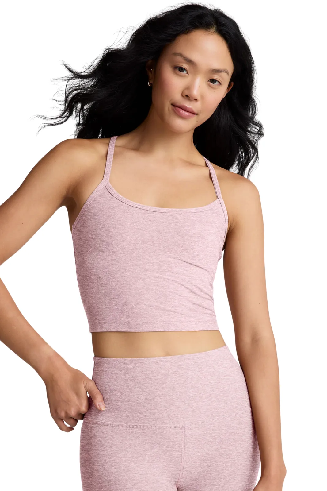 Spacedye Slim Racerback Cropped Tank, Blush Bloom Heather Flatlock stitching Versatile Support