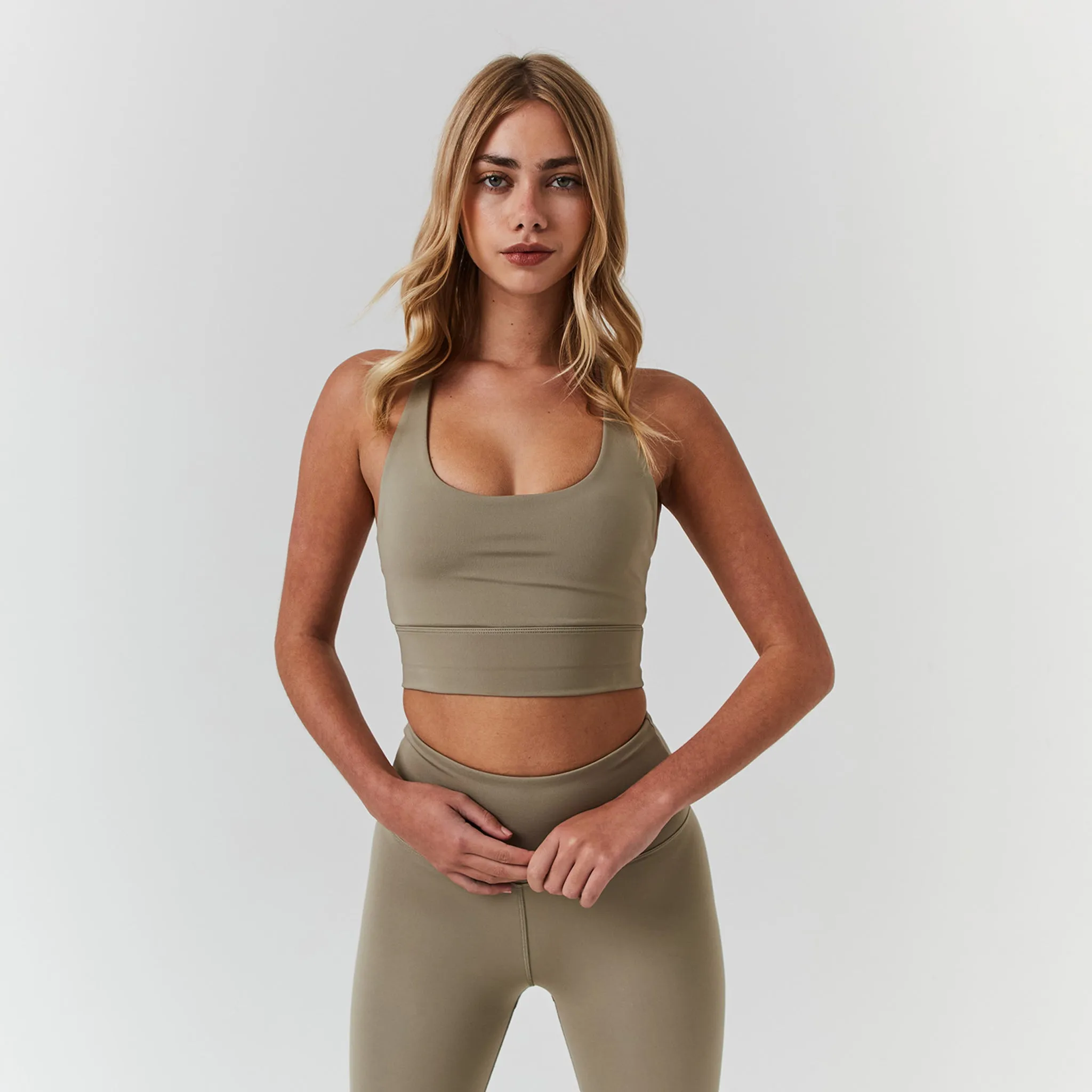 Second Skin Sports Bra | Olive Halter neck seams Invisible stitching