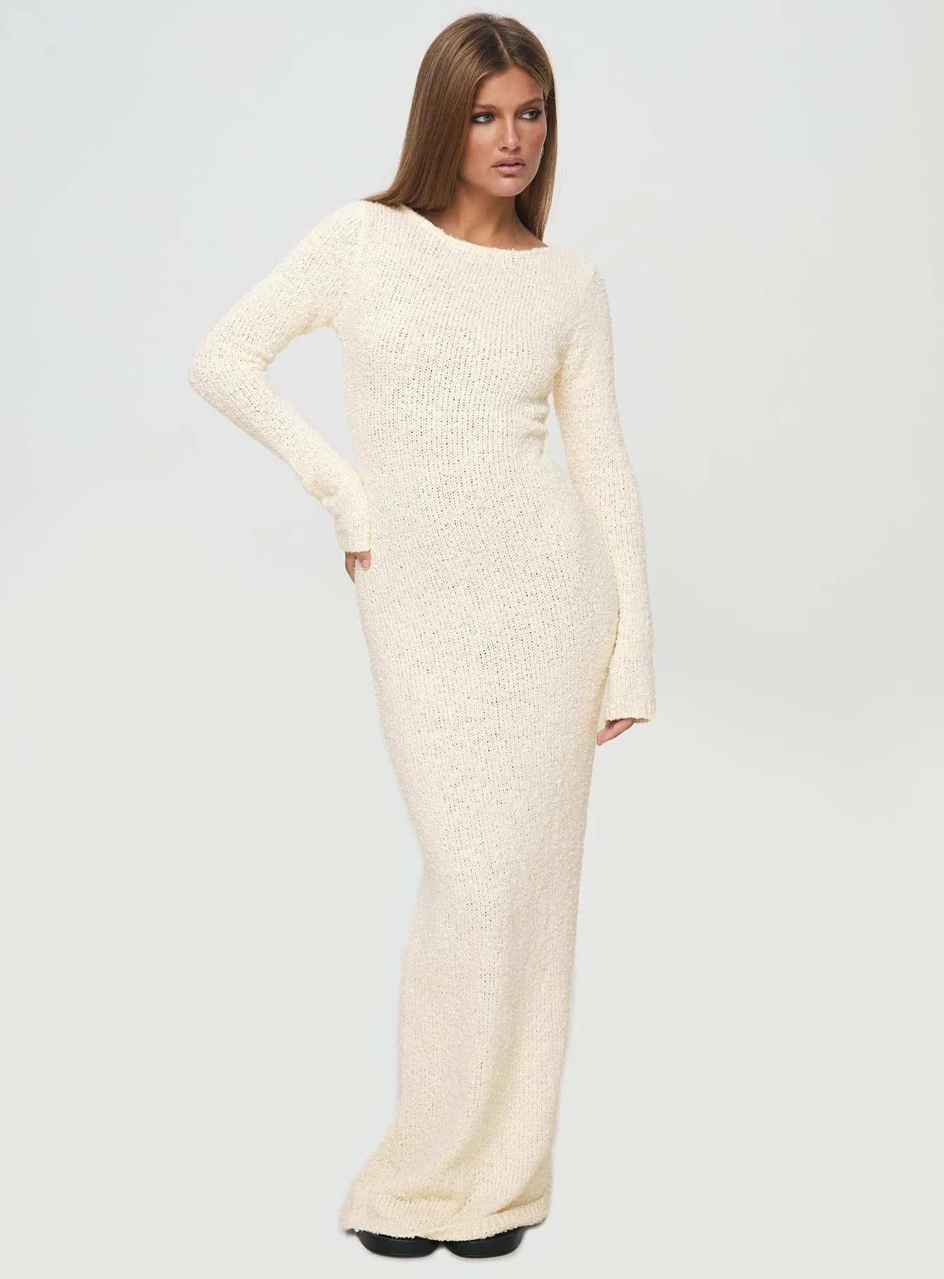 Cosy Up Long Sleeve Boucle Maxi Dress Cream Soft Air
