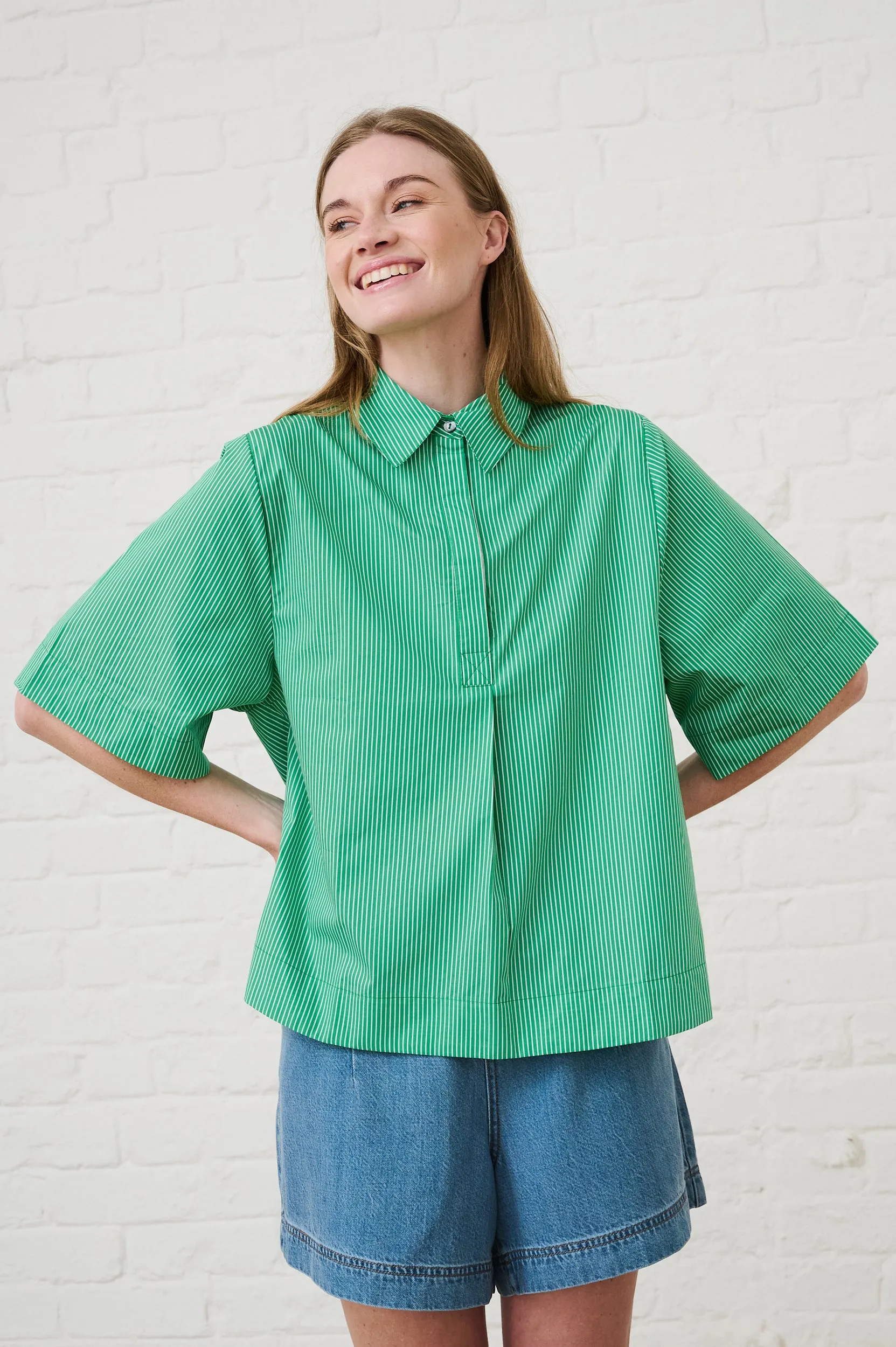 Perfect Style Casual Appeal Cotton Boxy Shirt in Green Stripe