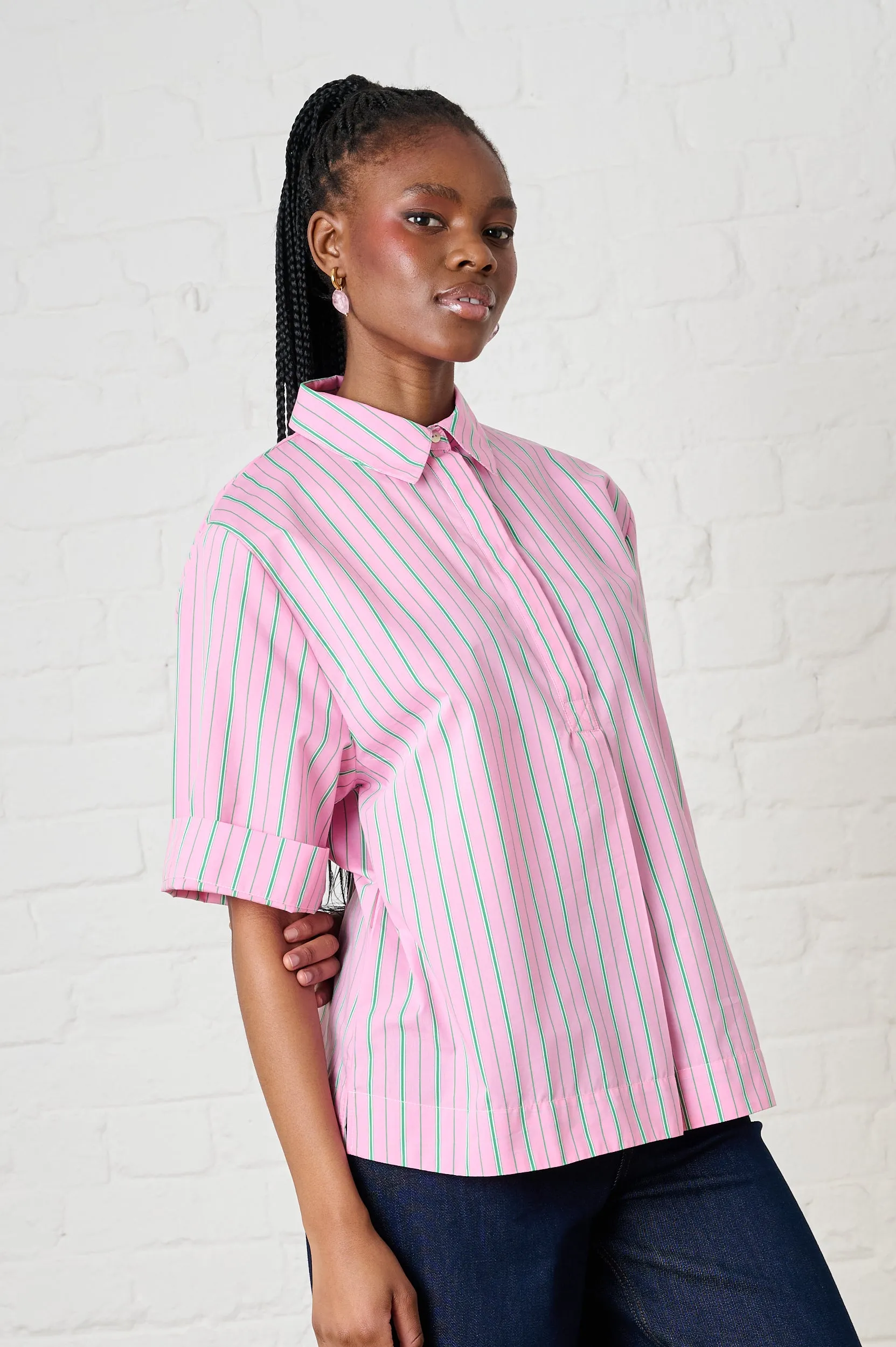 Everyday Comfort Style Vintage Wash Cotton Boxy Shirt in Pink/Green Stripe