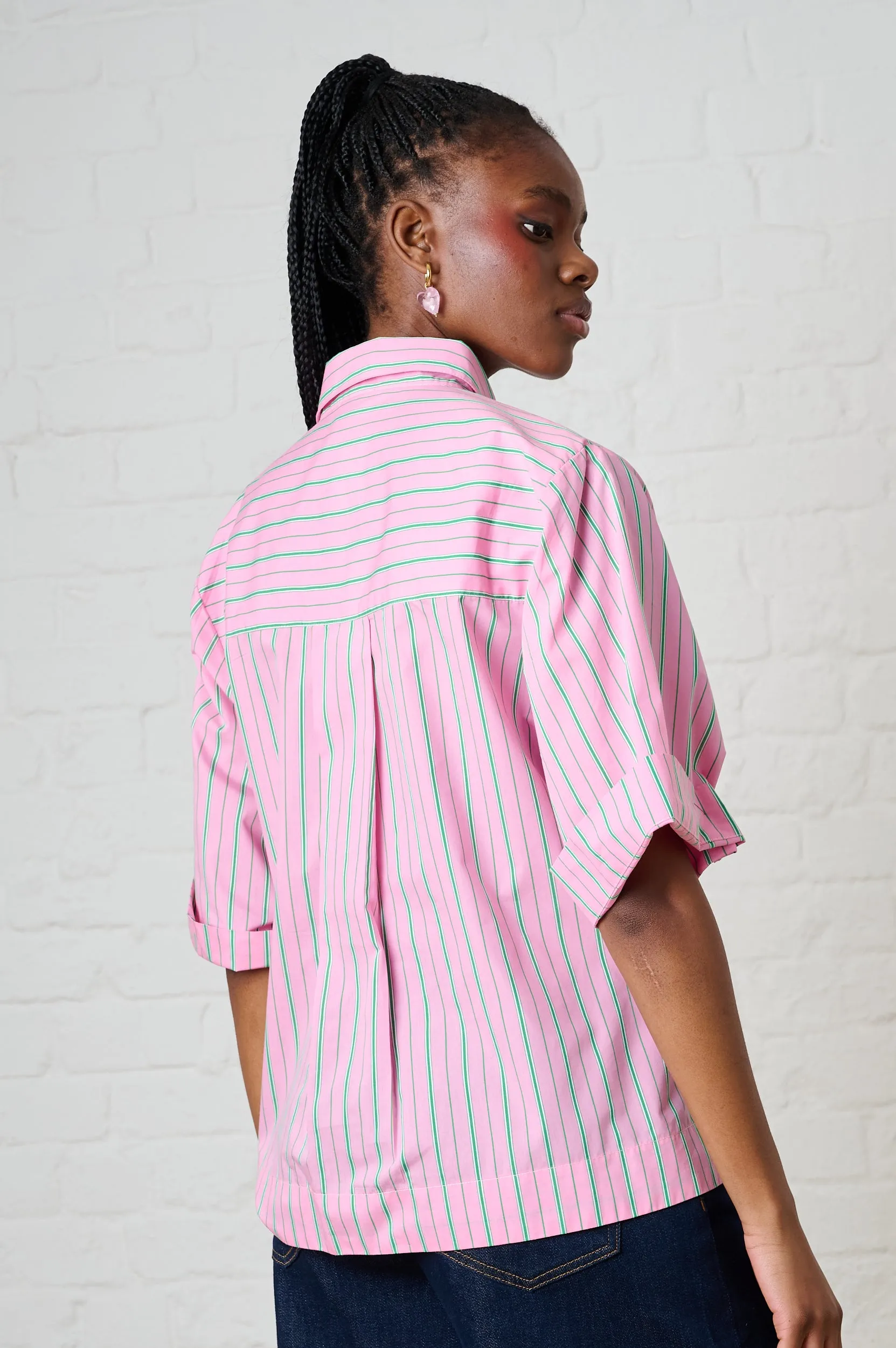 Cotton Boxy Shirt in Pink/Green Stripe Party fun Easy Wear Look