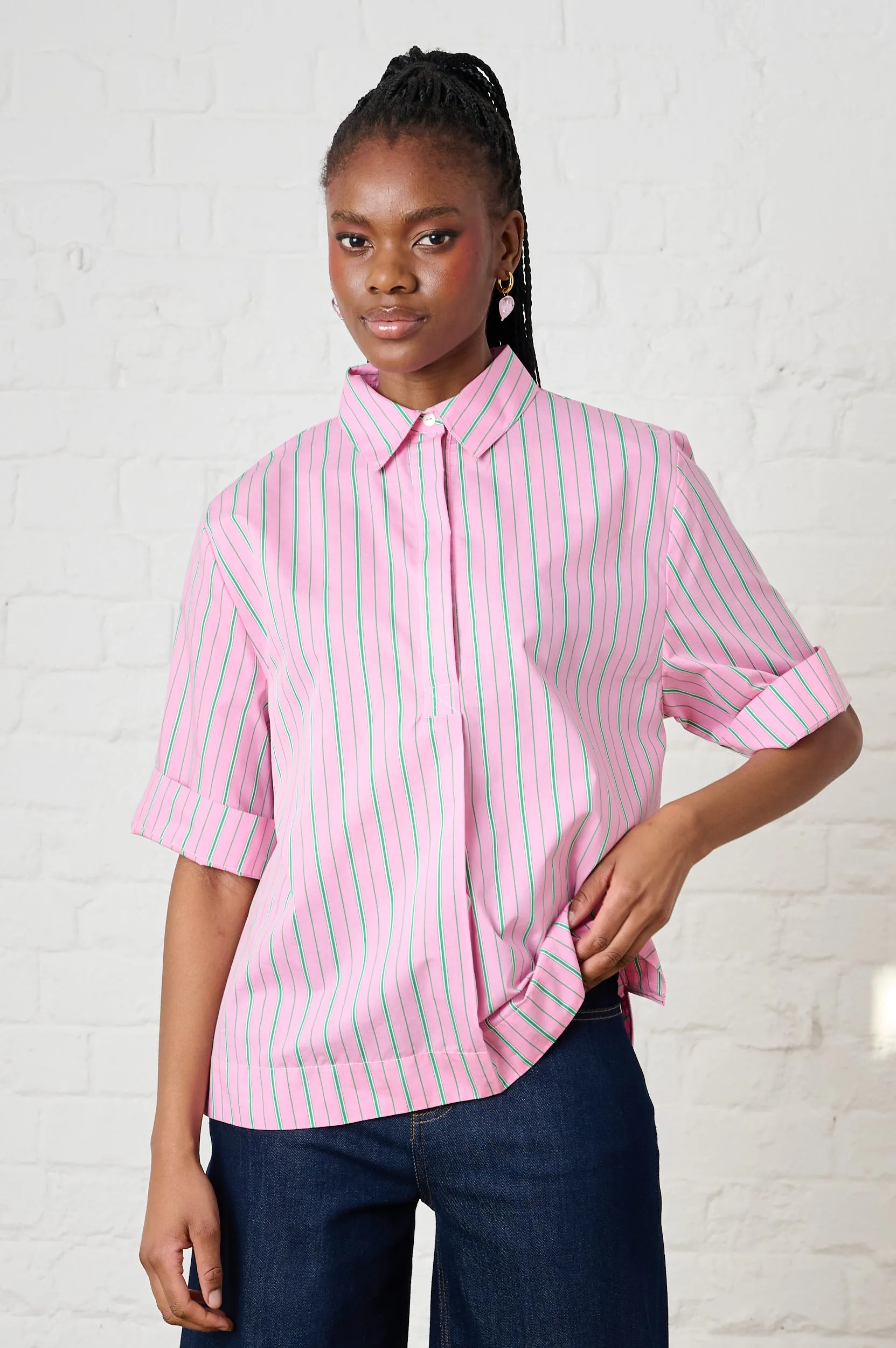 Cotton Boxy Shirt in Pink/Green Stripe Quick Layer Fit