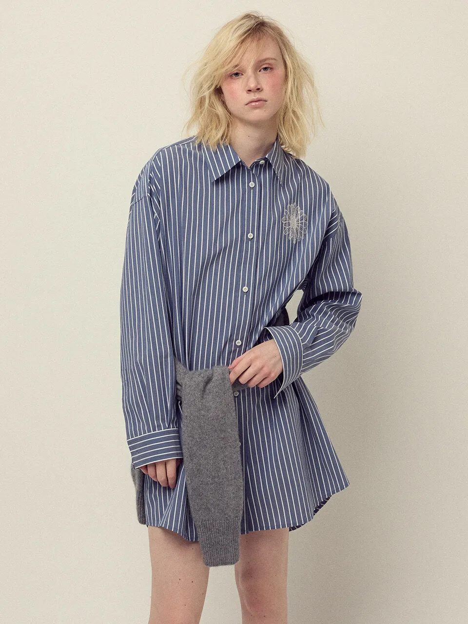 COTTON OVERSIZED SHIRT STRIPE_NAVY IVORY Versatile Layer