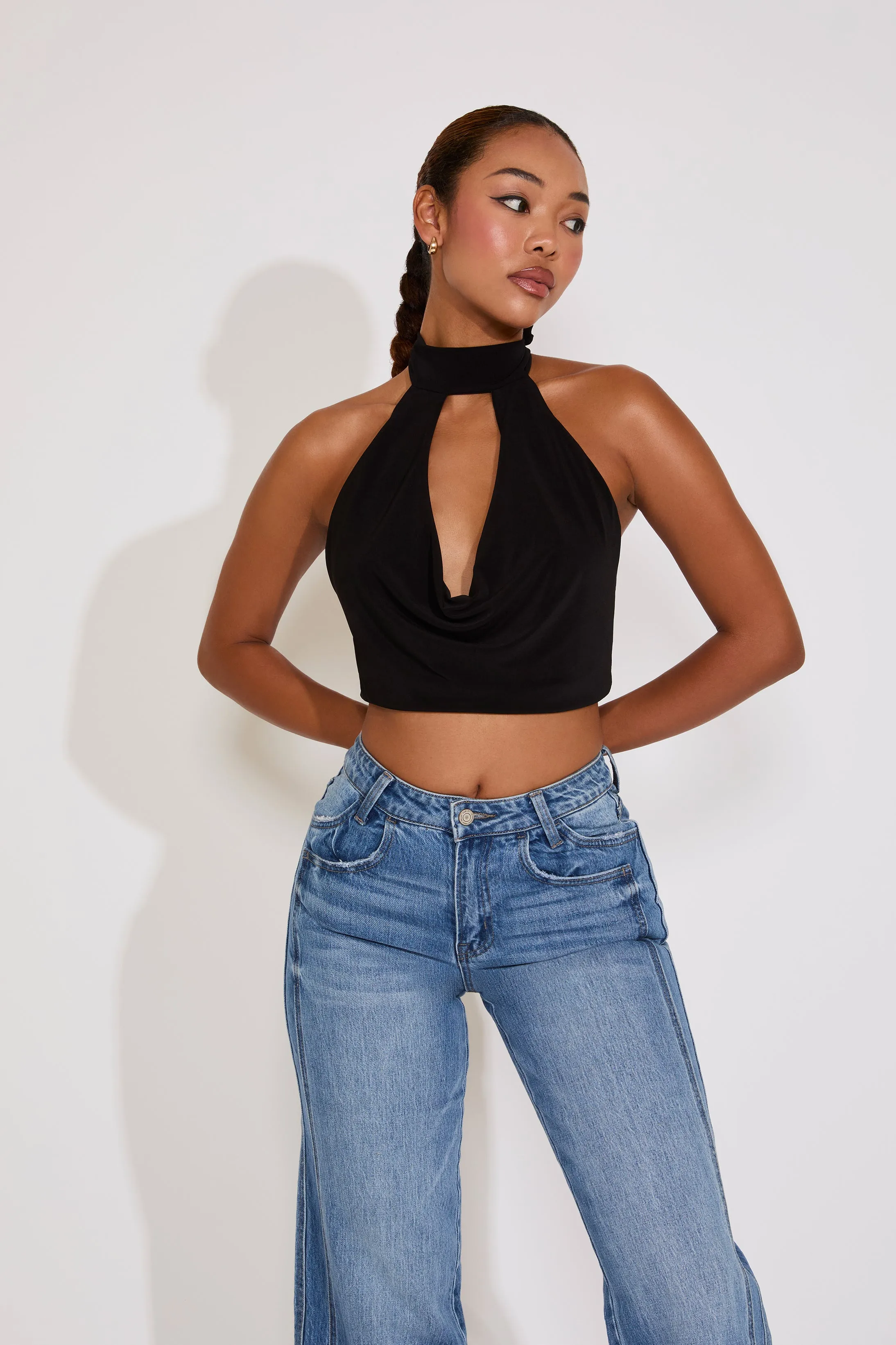 COWL NECK TIE HALTER CROP TOP Simple and Comfortable Beach relaxation