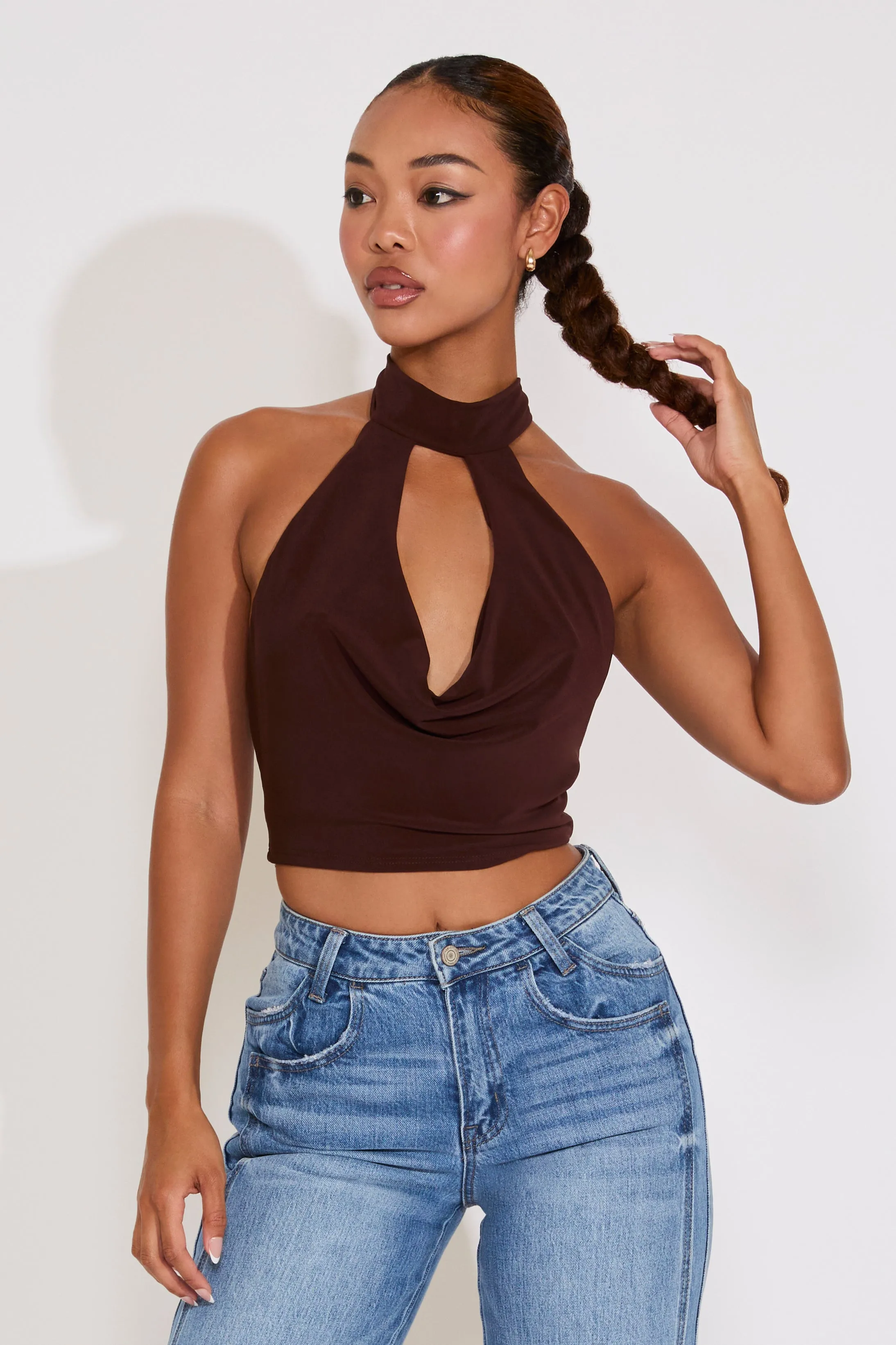 COWL NECK TIE HALTER CROP TOP hiking clothes Chic Comfort