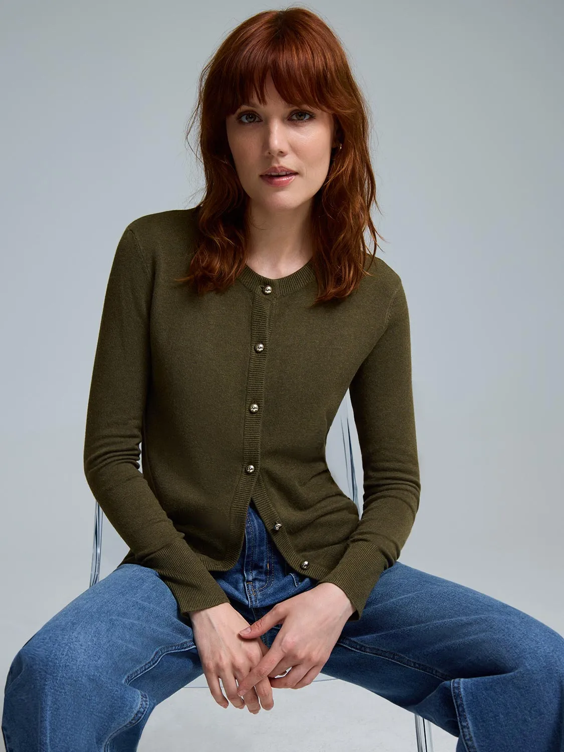 Elastic hemline Cozy Loopback Fabric Crew Neck Cardigan