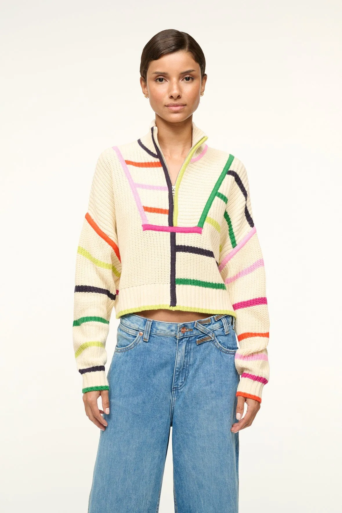 Luxe Layer MachineWashable Fabric CROPPED HAMPTON SWEATER | CREAM RAINBOW MULTI
