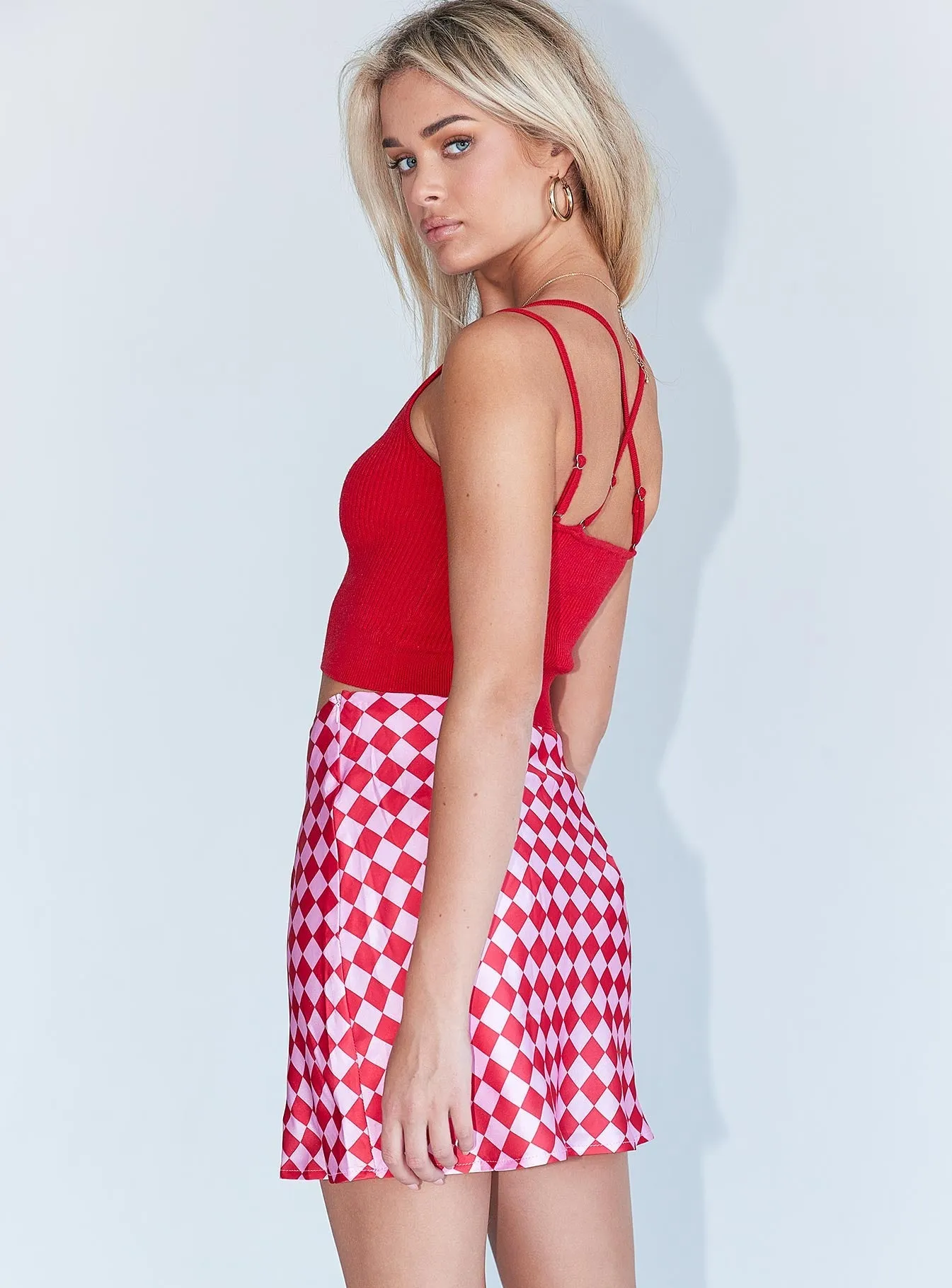 The Joan Checkerboard Mini Skirt Pink high contrast