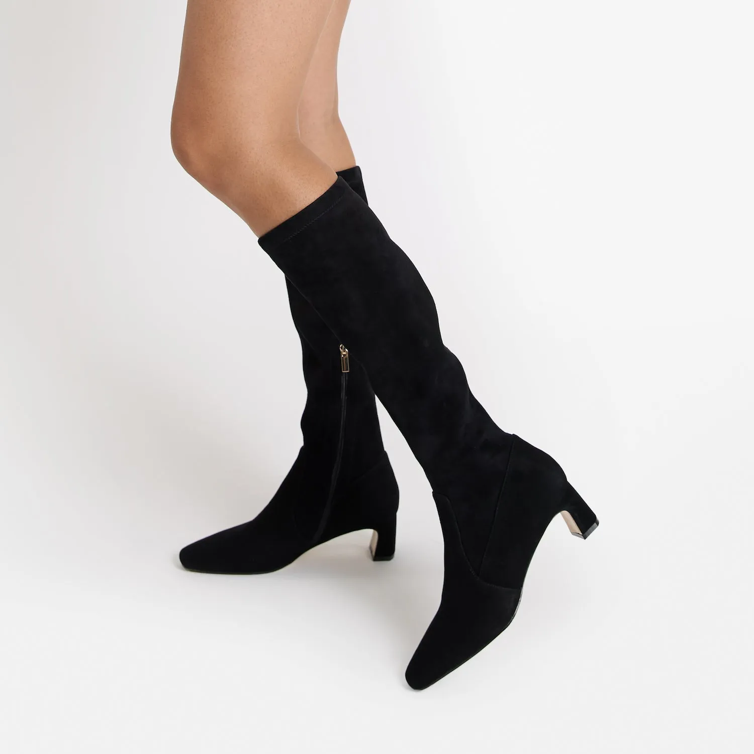 Dakota Ltd Ed Knee High Boot | Black suede Durable Material Tuxedo Heels