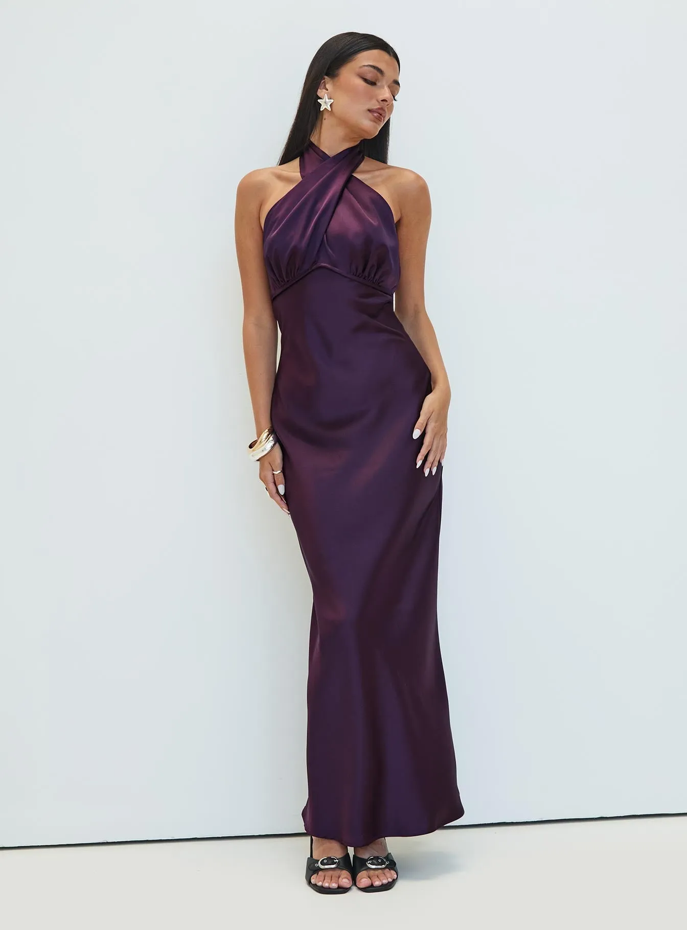 Subtle Detail Open Back Rosaminta Halter Maxi Dress Plum