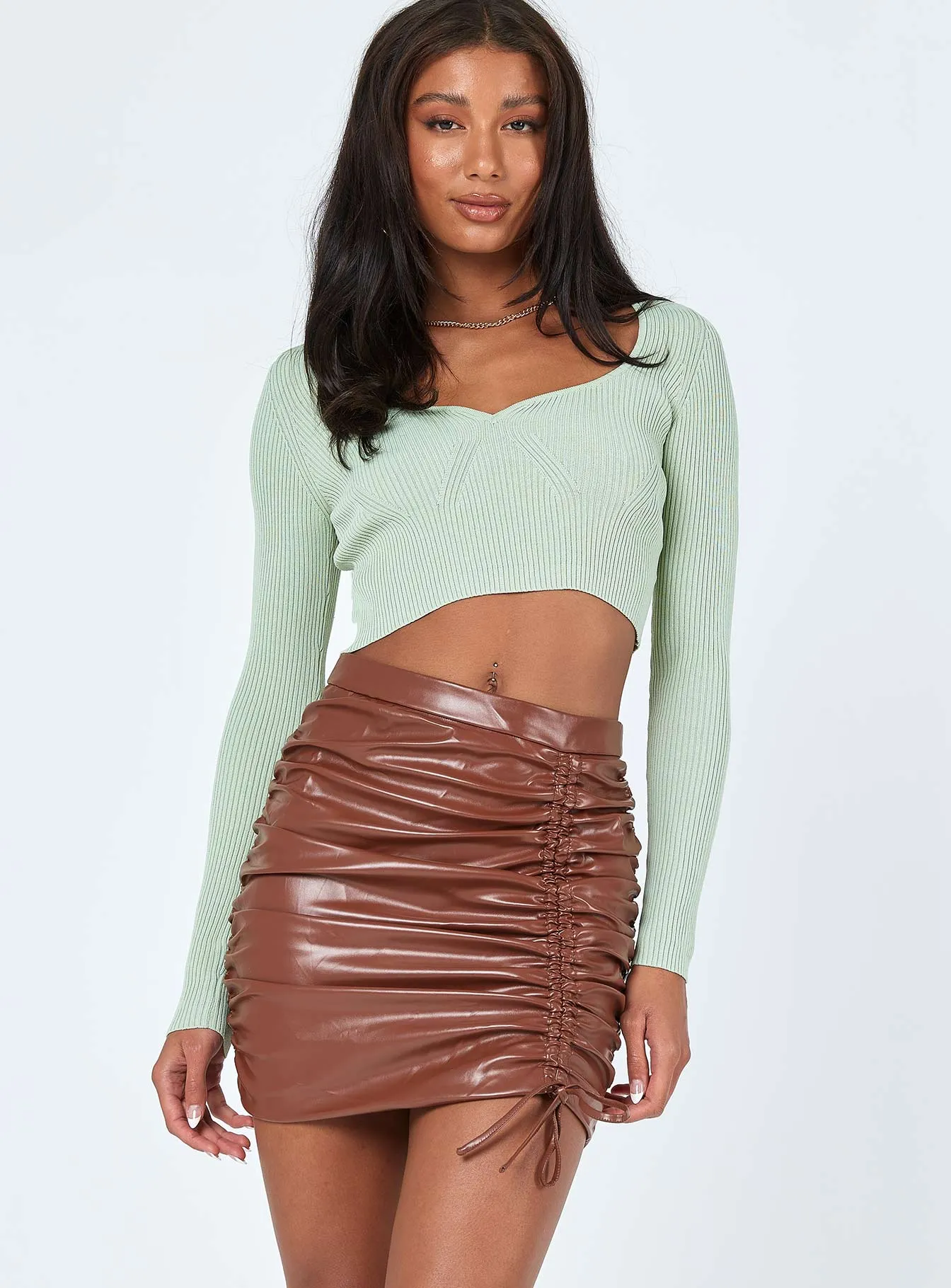 Davis Ruched PU Mini Skirt Brown Outfit Display