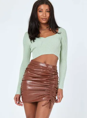 Davis Ruched PU Mini Skirt Brown Outfit Display