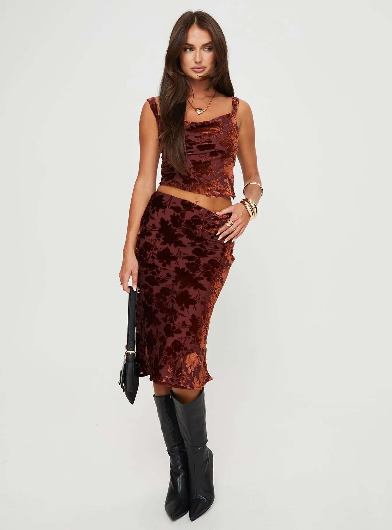 Mix Texture Devore Midi Skirt Burgundy