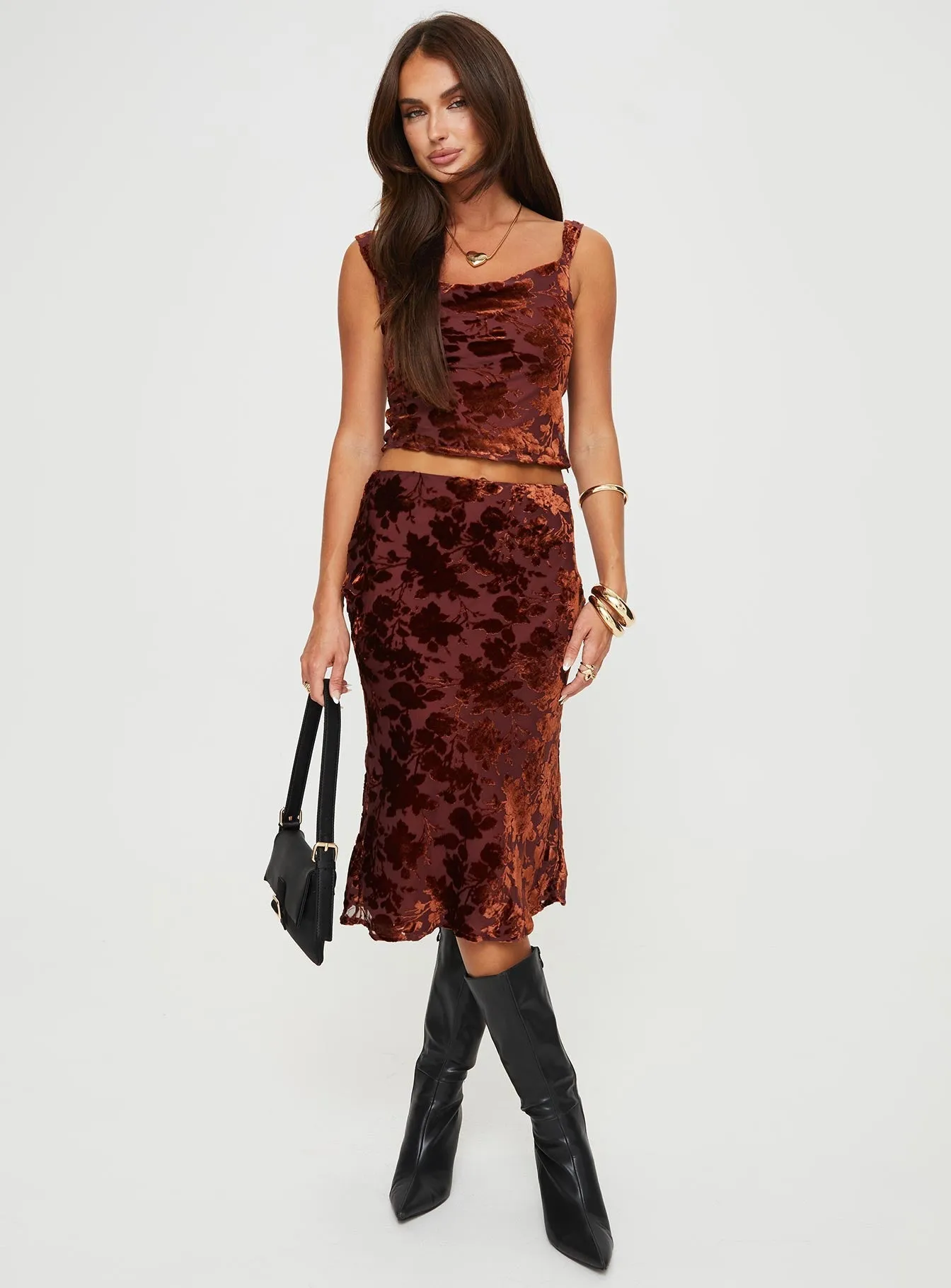Light Fabric Tapered Cut Devore Midi Skirt Burgundy