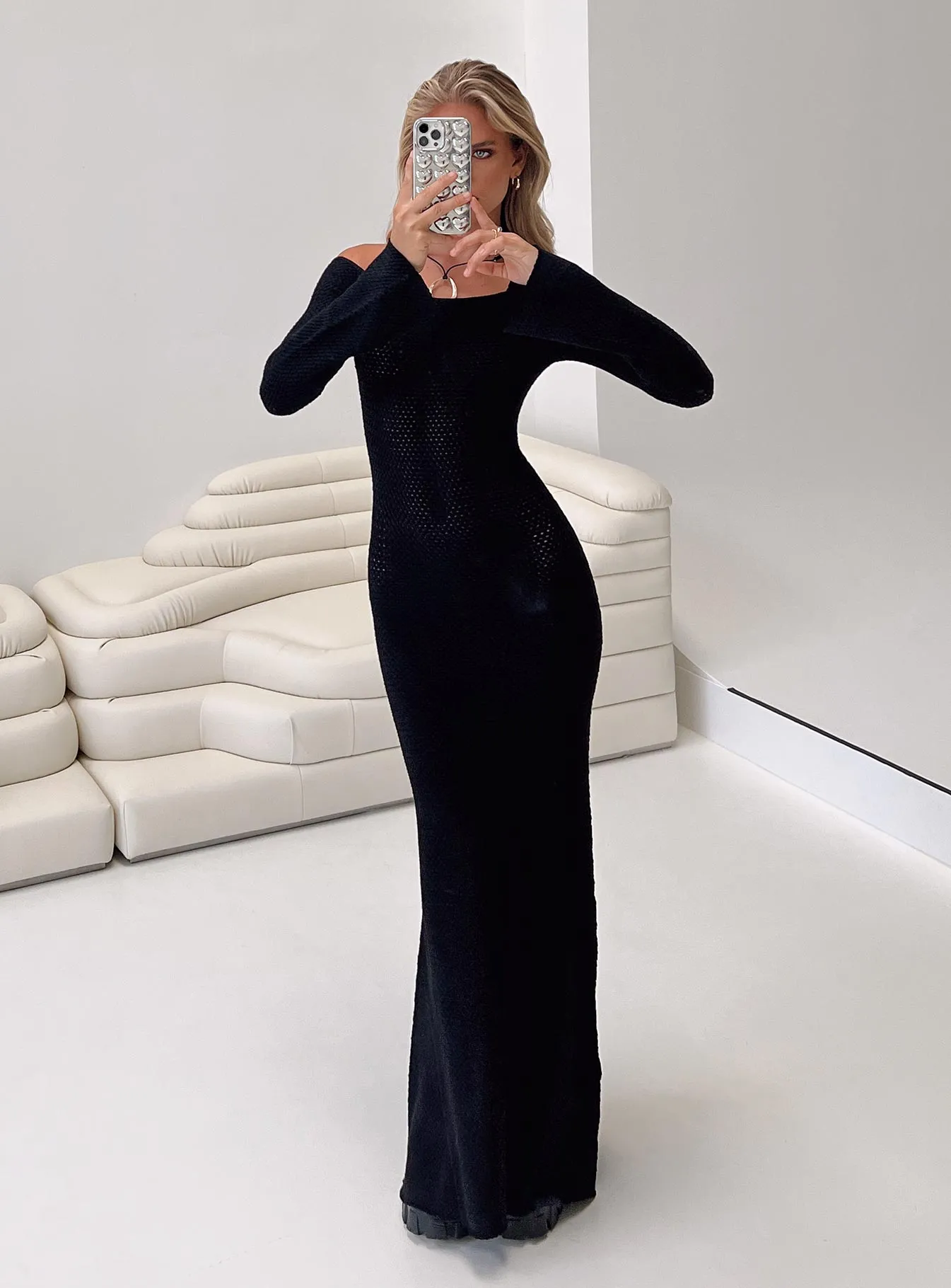 Sleek and Flattering Devyn Off The Shoulder Maxi Dress Black