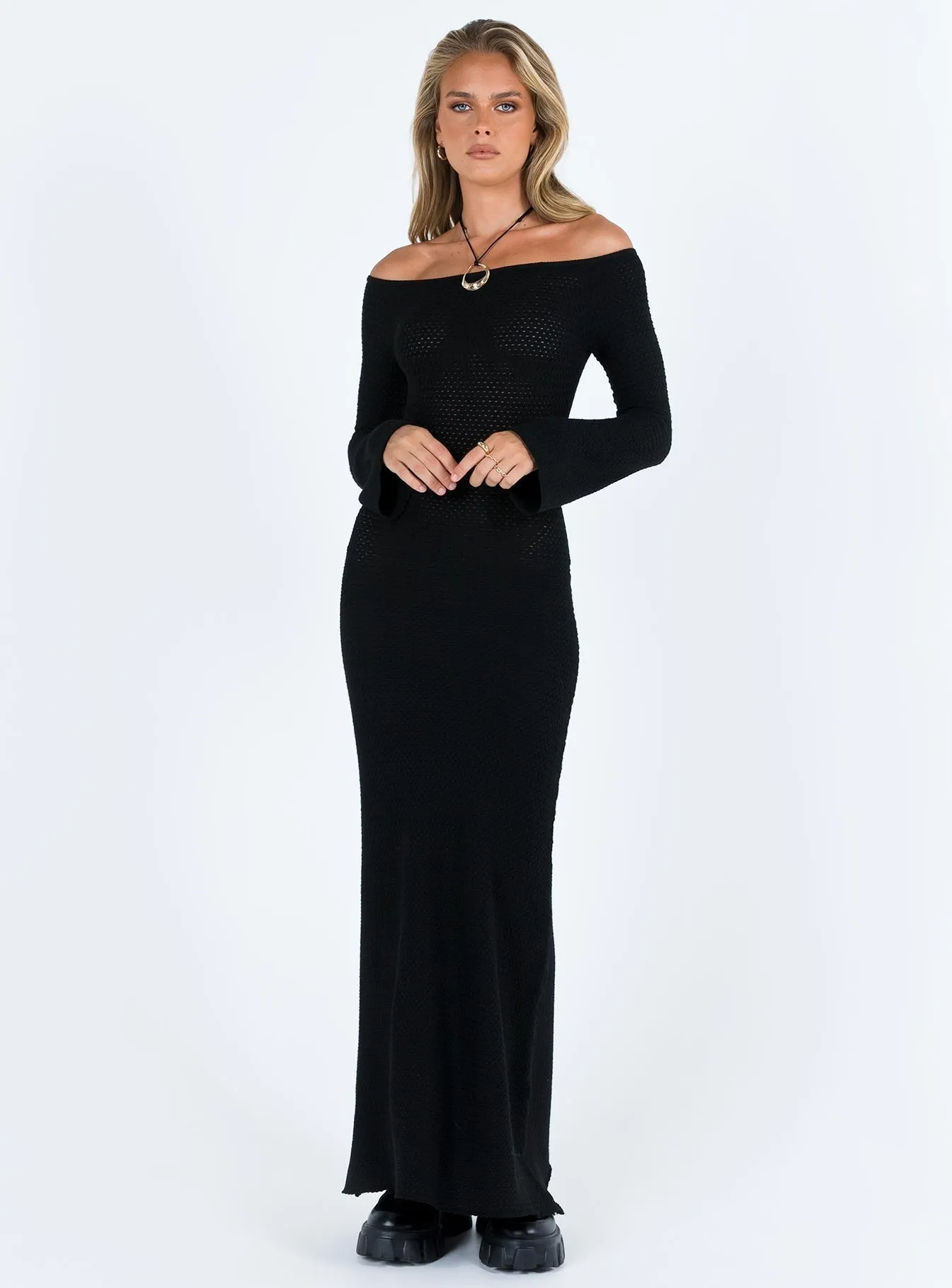 Practical work-to-play piece Devyn Off The Shoulder Maxi Dress Black