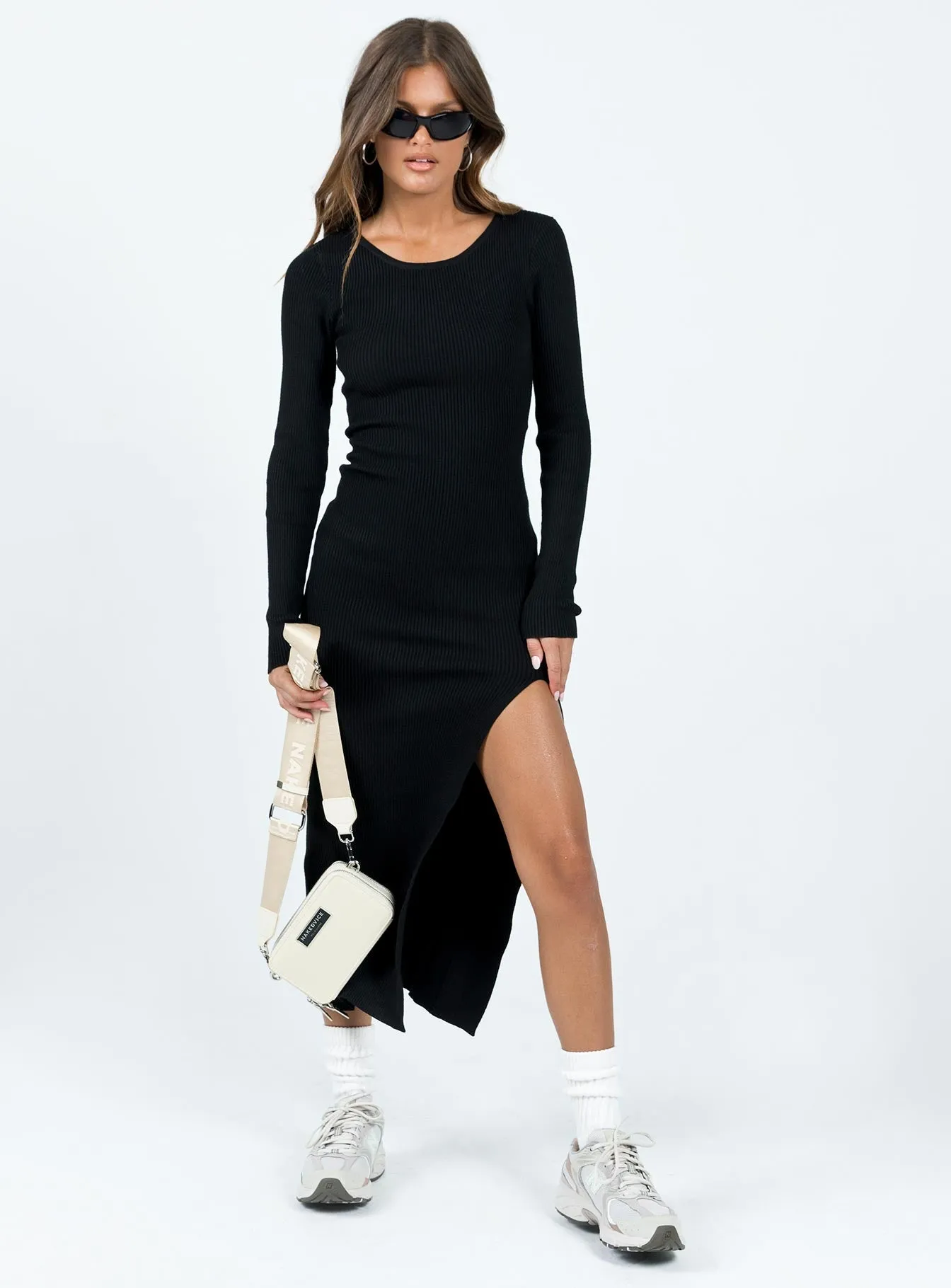 Satin Layers Fitro Long Sleeve Maxi Dress Black