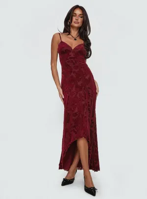 Rumours Slippy Burnout Maxi Dress Burgundy Elegant Finish