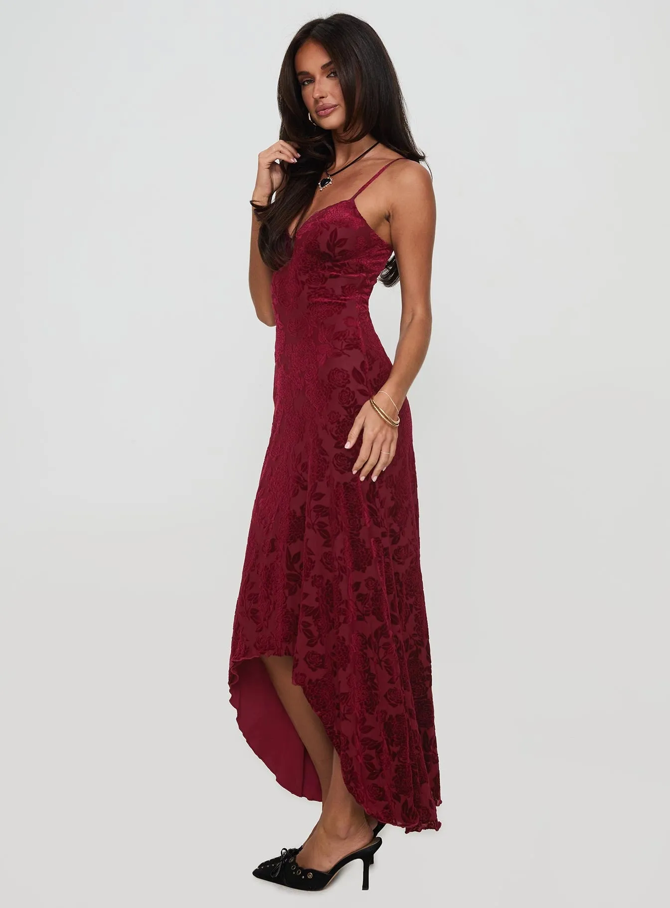 Flattering Waistband Clean Tone Rumours Slippy Burnout Maxi Dress Burgundy