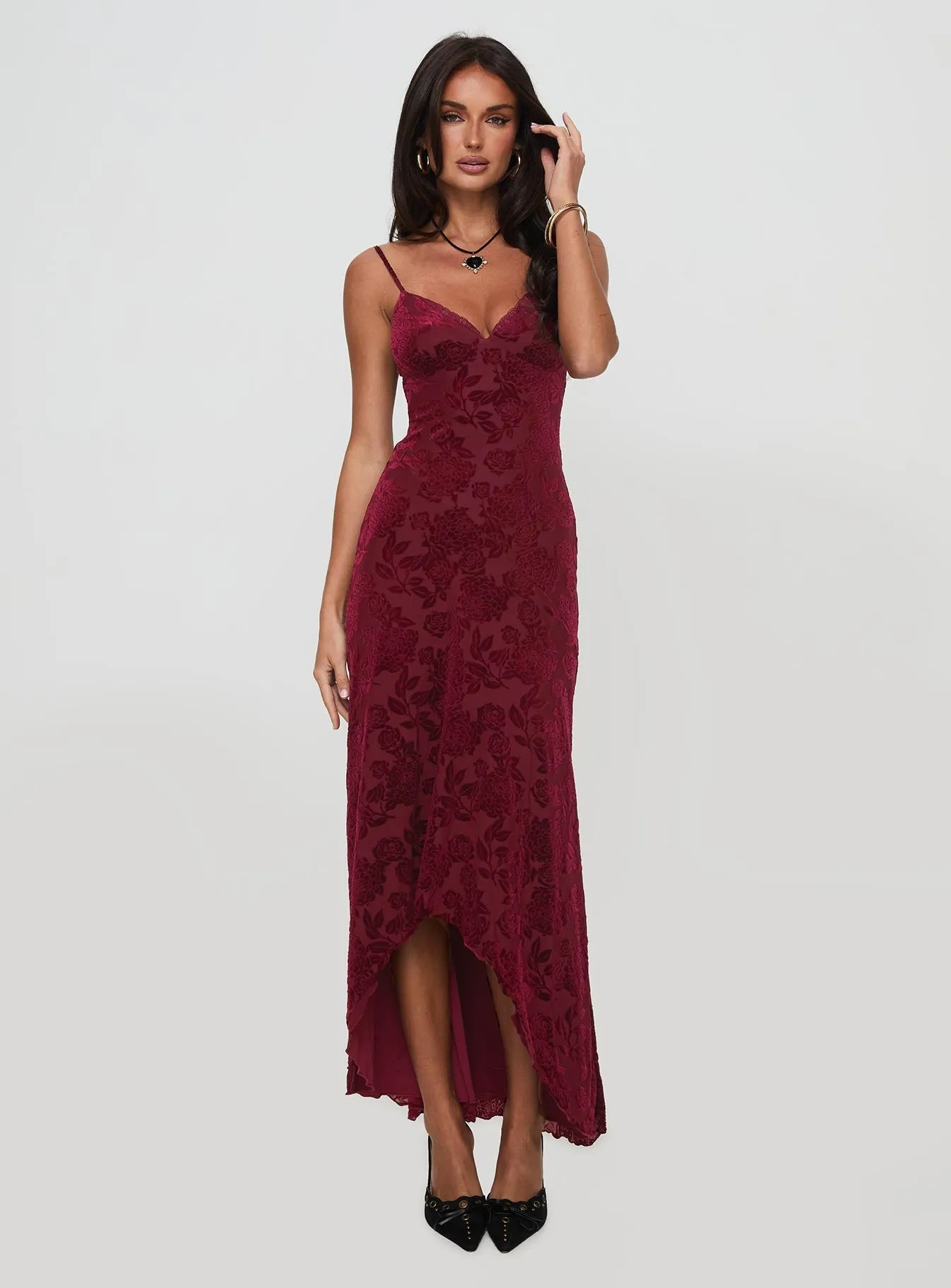 Understated Elegance Seasonal Comfort Rumours Slippy Burnout Maxi Dress Burgundy